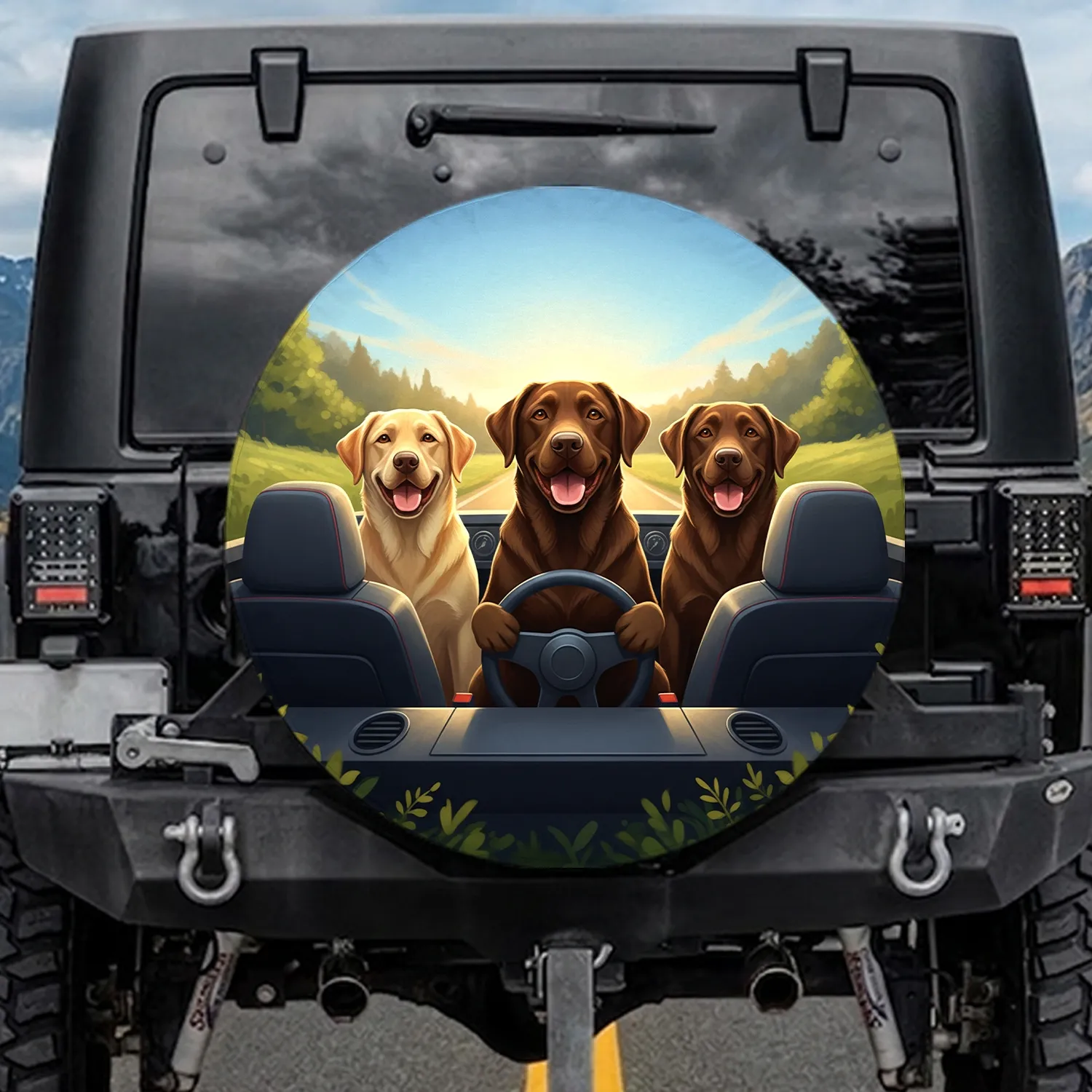 Three Labrador Dogs Steering Vehicle - Road Trip Travel Gift for Pet Owners Spare Tire Cover - 1