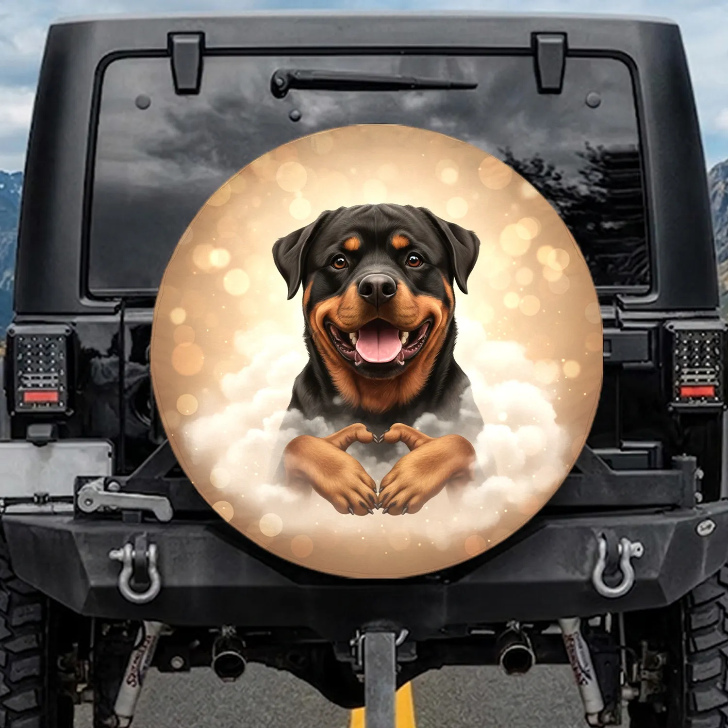Smiling Rottweiler Dog Heart Paws Dreamy Clouds Golden Light - Dog Lover Gift Spare Tire Cover - 1