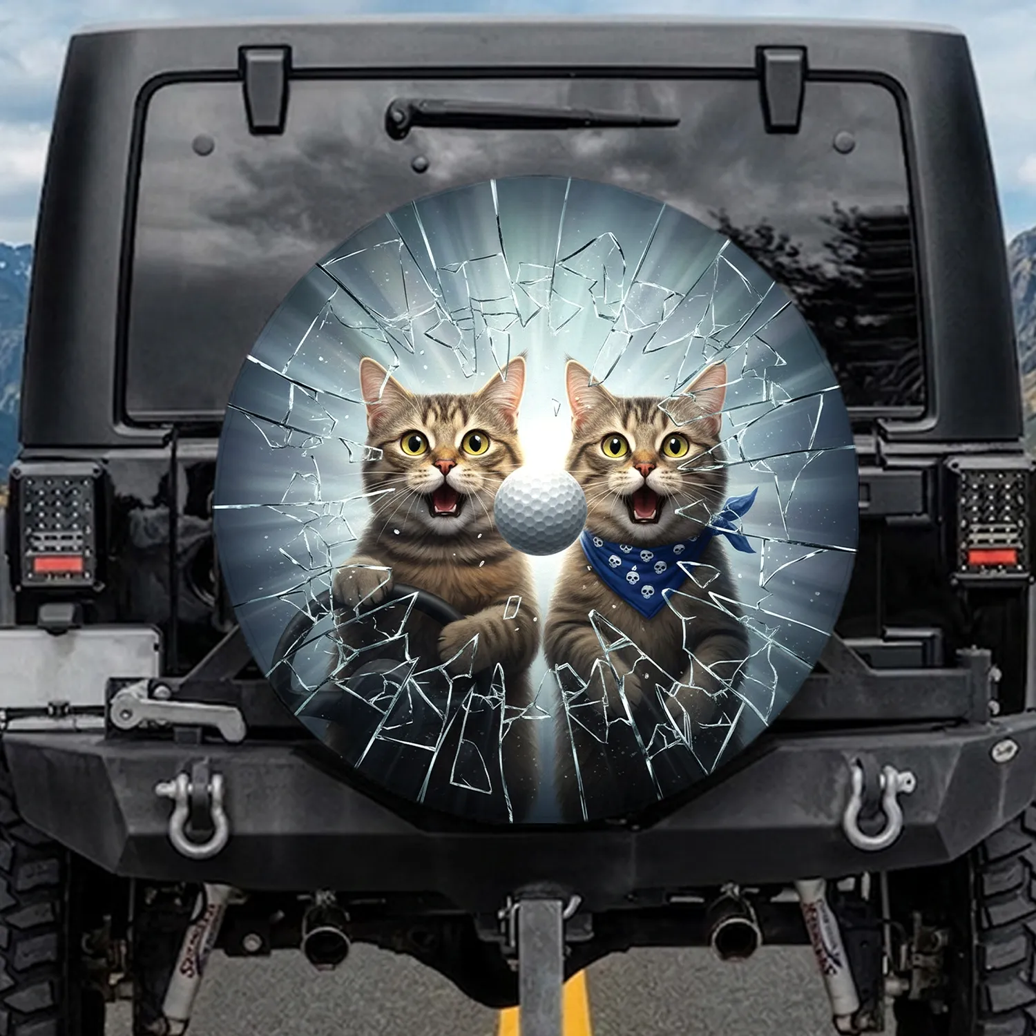 Surprised Tabby Cats Golf Ball Shattered Glass - Cat Lover Gift Spare Tire Cover - 1