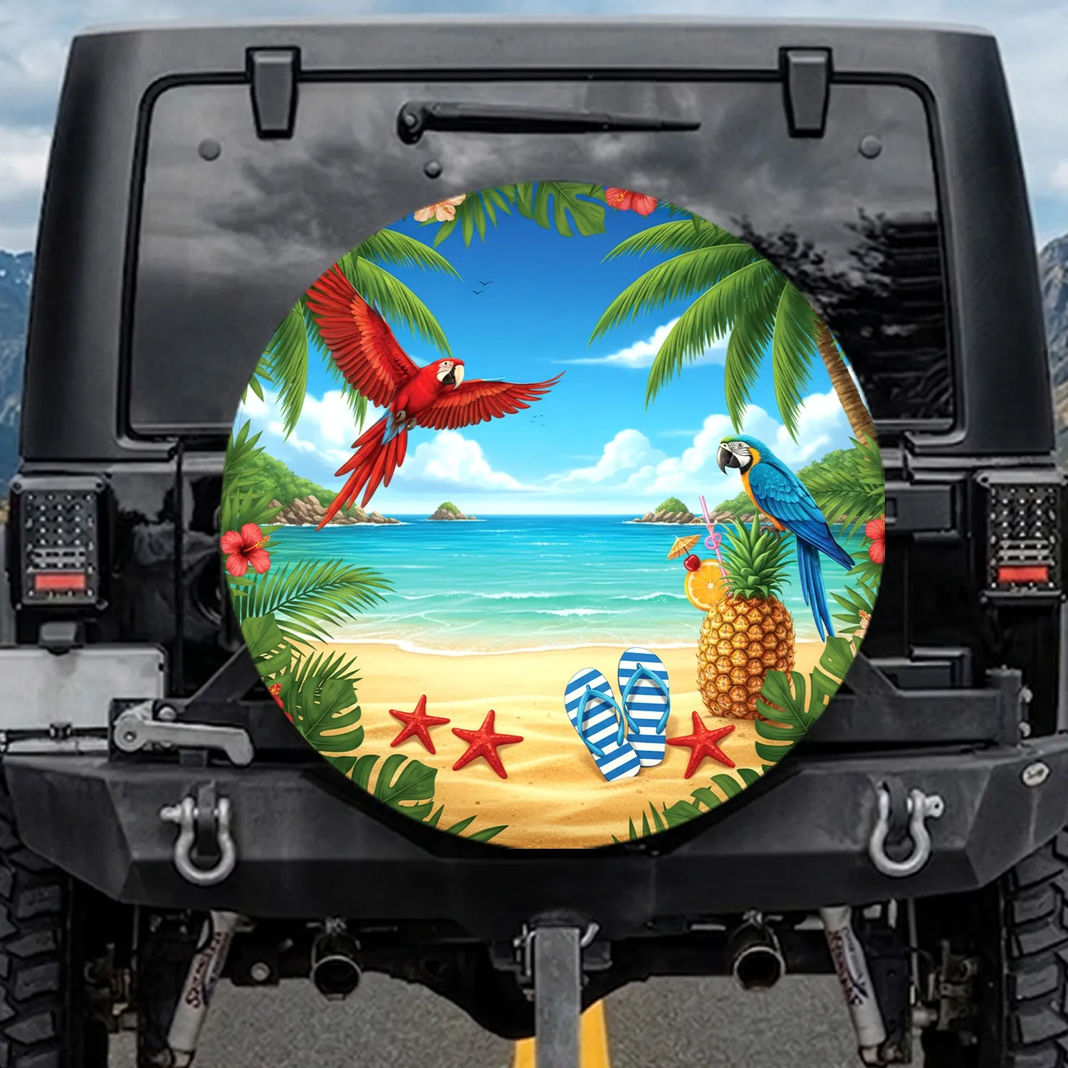 Macaws Tropical Beach Pineapple Cocktail Flip Flops Starfish - Travel Essentials Gift Spare Tire Cover - 1