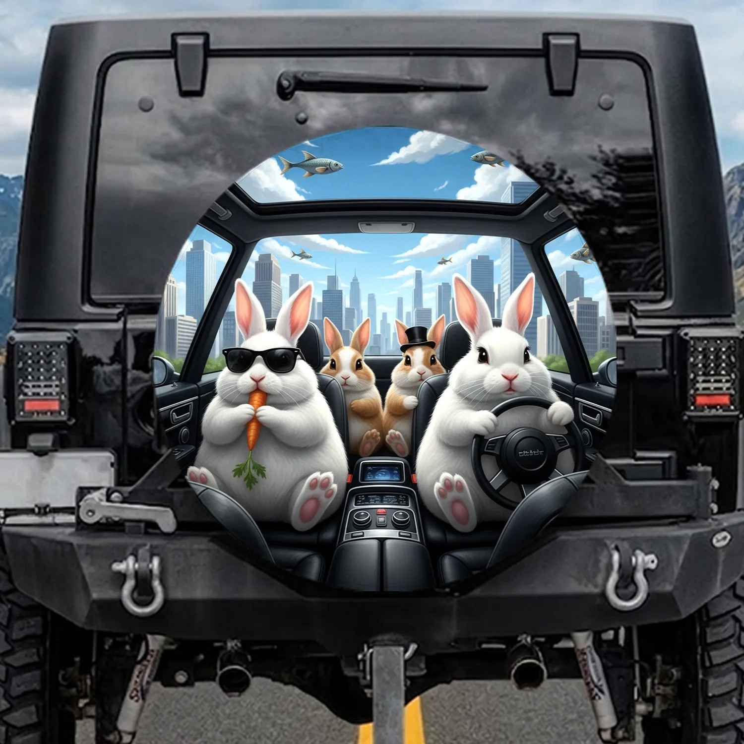 Rabbits Driving Car Cityscape - Outdoor Adventure Gift for Animal Lovers Spare Tire Cover - 1