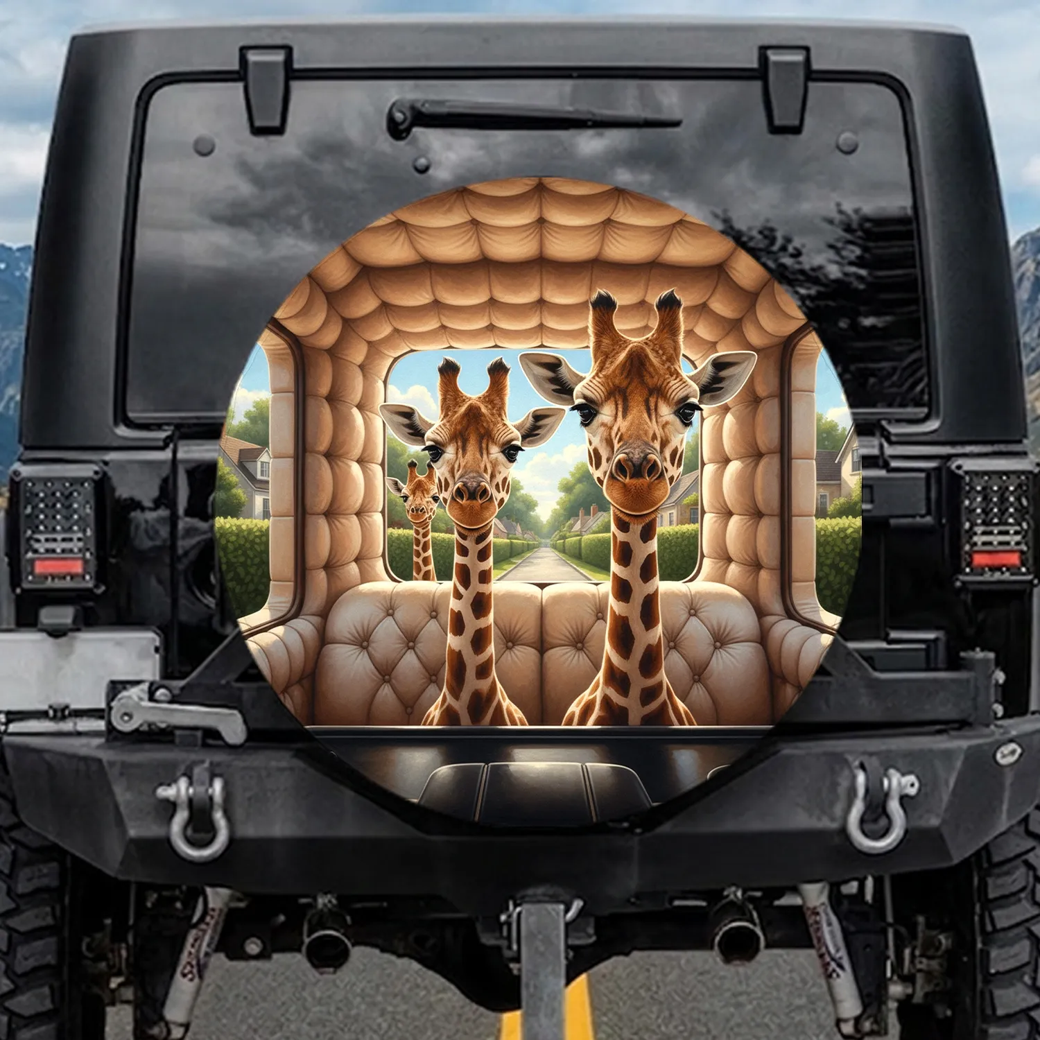 Giraffes Car Interior Suburban Street View - Wildlife Lover Gift Spare Tire Cover - 1