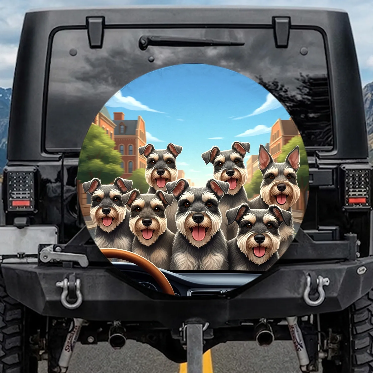 Joyful Schnauzer Dogs Cityscape Adventure - Pet Parent Gift Spare Tire Cover - 1