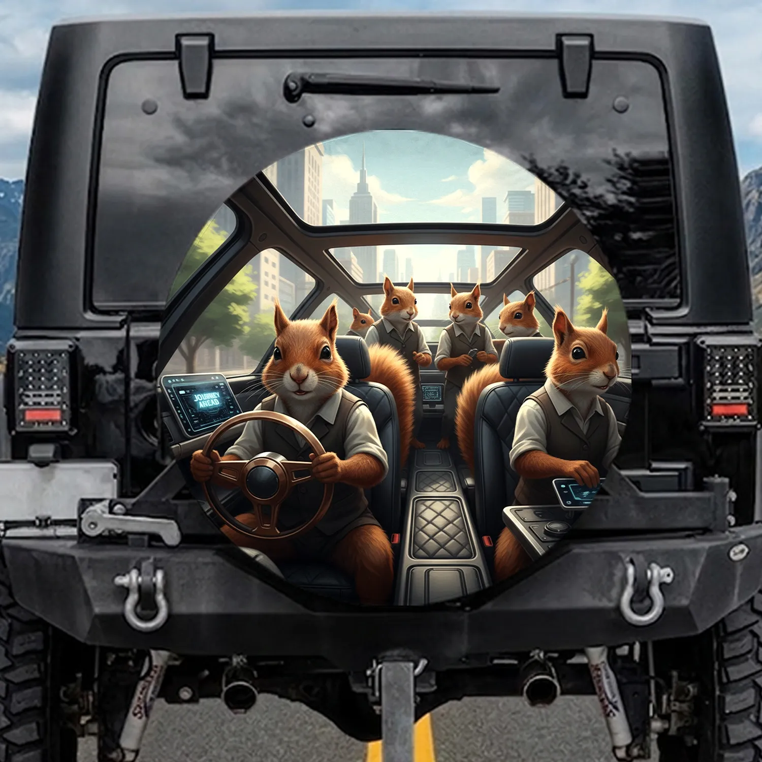 Anthropomorphic Squirrels Driving Sophisticated Car Urban View - Wildlife Lover Gift Spare Tire Cover - 1