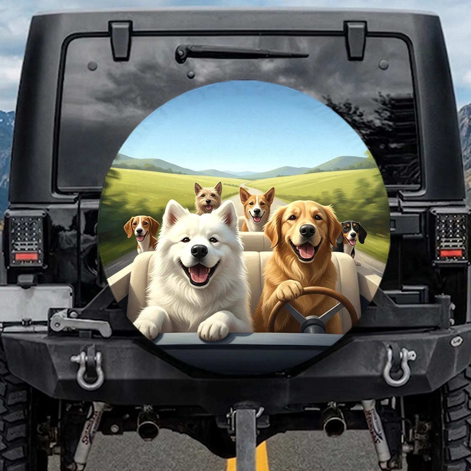 Dogs Driving Scenic Landscape - Travel Essentials Dog Lover Gift Spare Tire Cover - 1