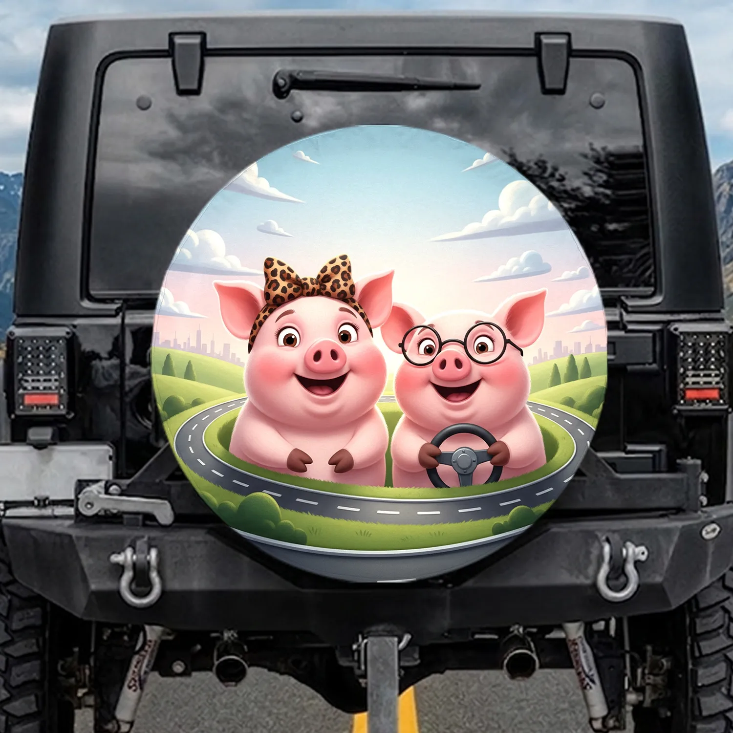 Pigs Steering Wheel Leopard Print Bow - Road Trip Adventure Gift Spare Tire Cover - 1