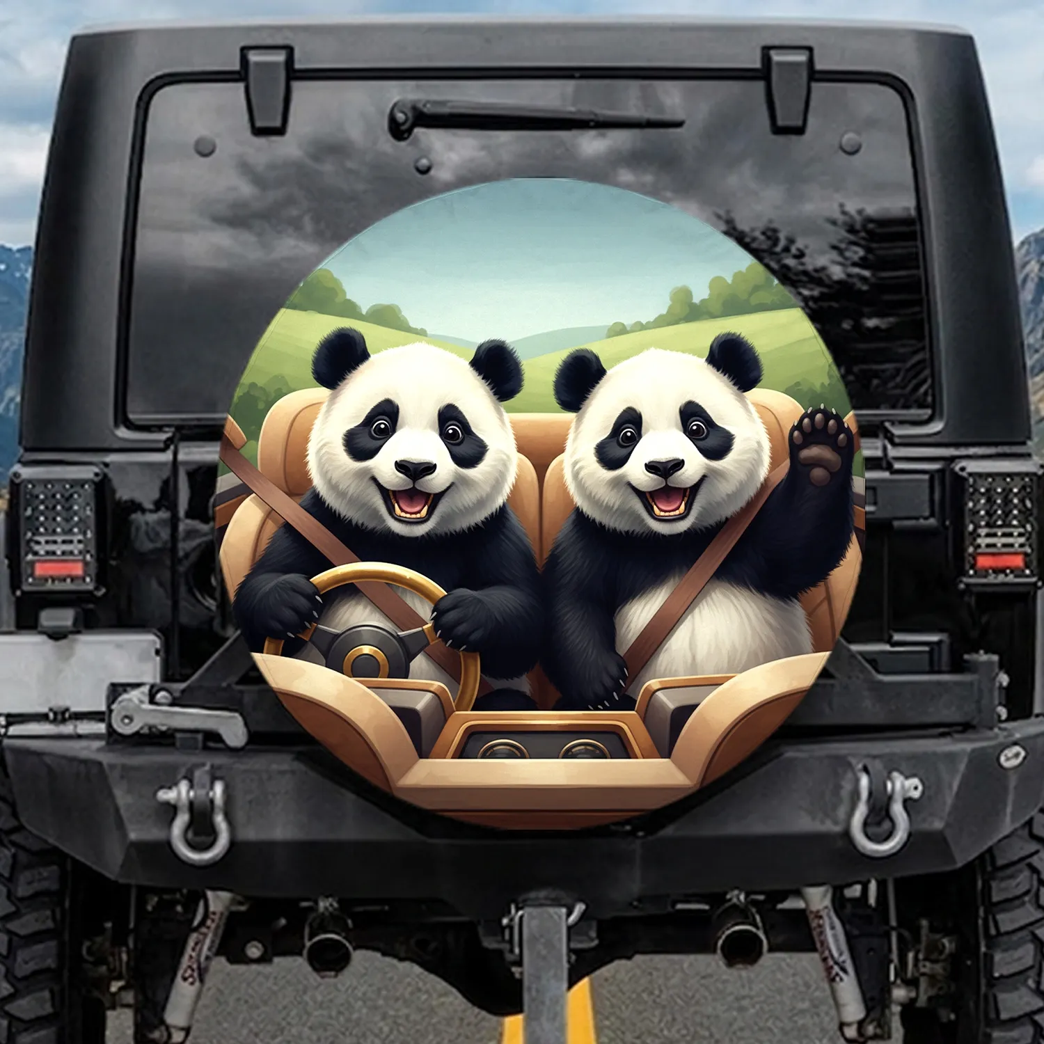 Two Pandas Driving Golden Steering Wheel Upholstered Car Seating - Wildlife Lover Gift Spare Tire Cover - 1