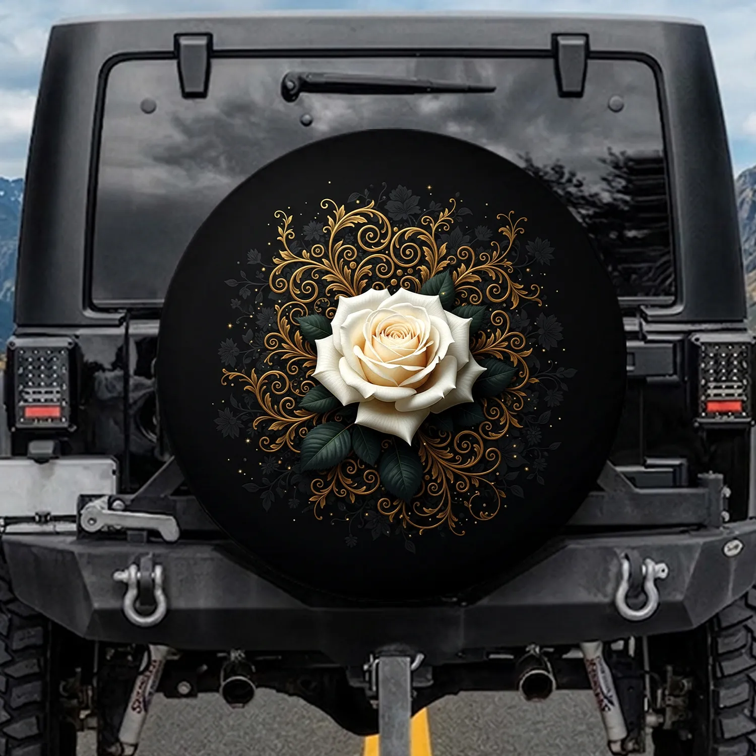 White Rose Golden Filigree Botanical - Home Decor Gift for Plant Lover Spare Tire Cover - 1