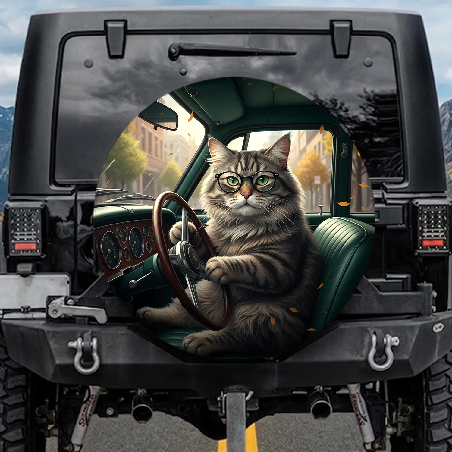 Serious Fluffy Tabby Cat Driver Classic Car Glasses - Auto Enthusiast Gift Spare Tire Cover - 1