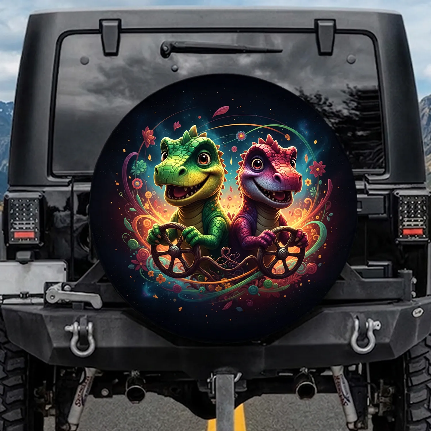 Smiling Dinosaurs Steering Wheel - Adventure Lover Gift for Dinosaur Lover Spare Tire Cover - 1