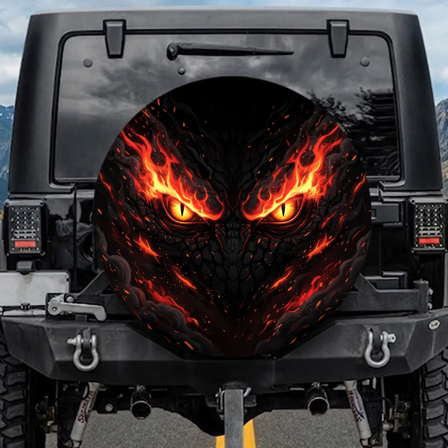 Intense Reptilian Monster Eyes Fiery Flames Dark Abyss - Adventure Lifestyle Spare Tire Cover - 1
