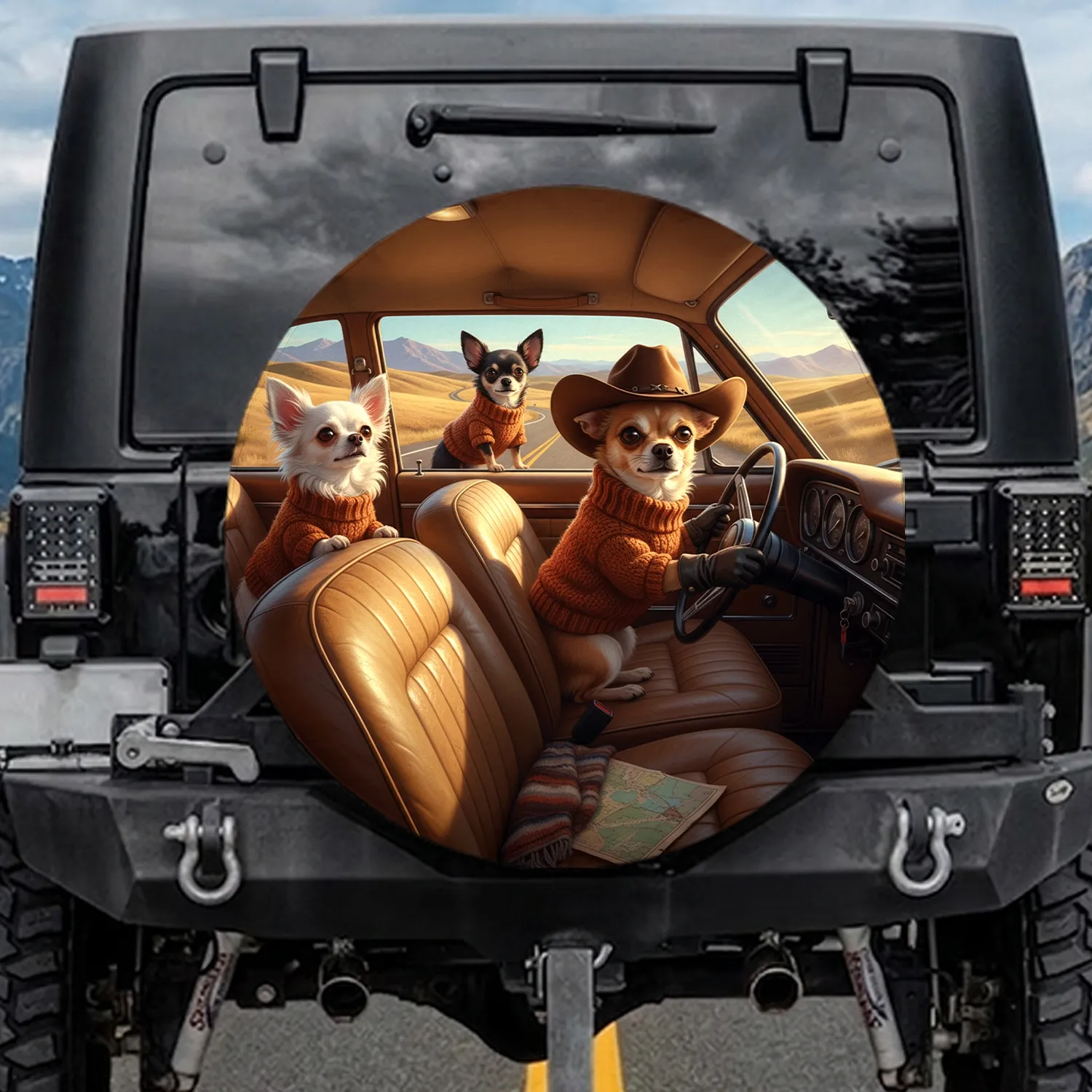 Chihuahua Trio Driving Classic Car Road Trip - Travel Essentials Dog Lover Gift Spare Tire Cover - 1