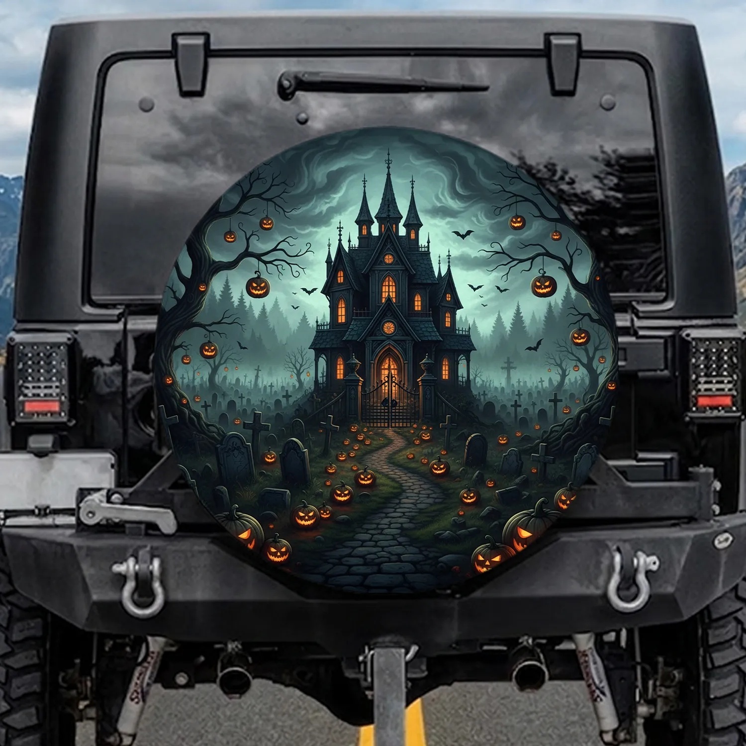 Gothic Haunted Mansion Graveyard Jack-o'-Lanterns Halloween Night Spare Tire Cover - 1