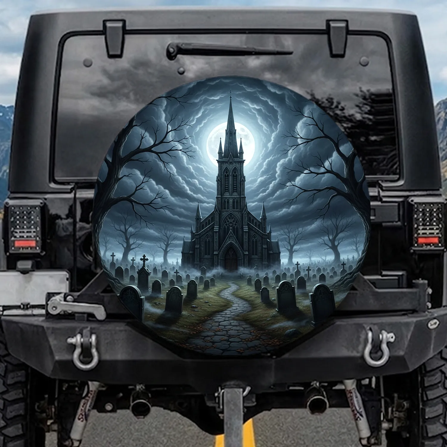 Ancient Gothic Stone Church Graveyard Full Moon - Halloween Decor Gift for Gothic Lover Spare Tire Cover - 1