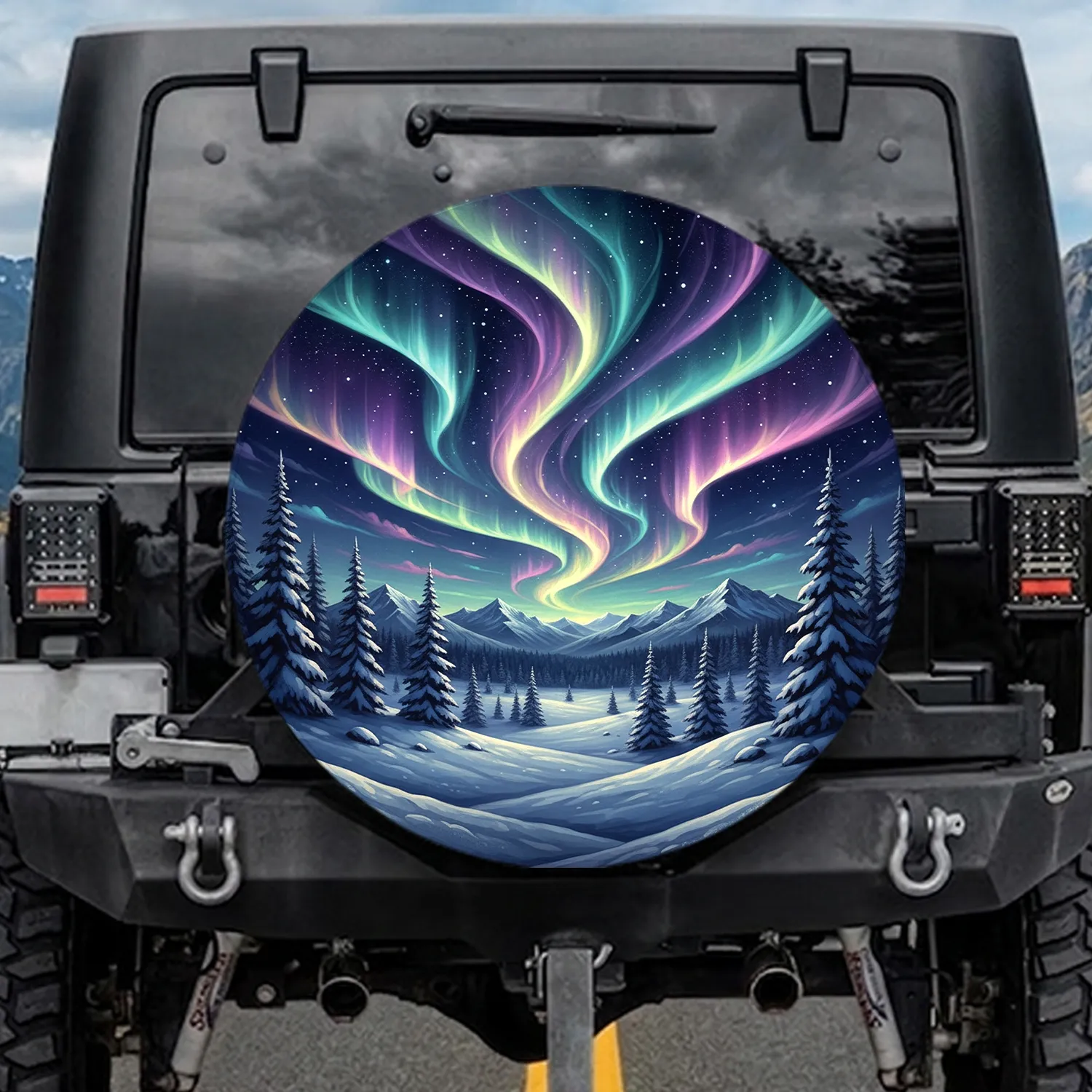 Aurora Borealis Winter Landscape Mountain Pine - Nature Lover Gift Spare Tire Cover - 1