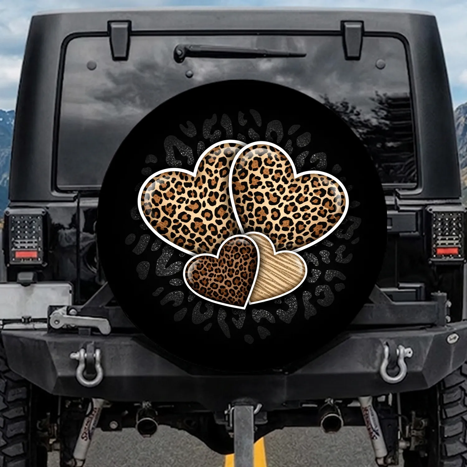 Leopard Hearts White Outline Black Background - Everyday Accessory for Animal Lover Spare Tire Cover - 1