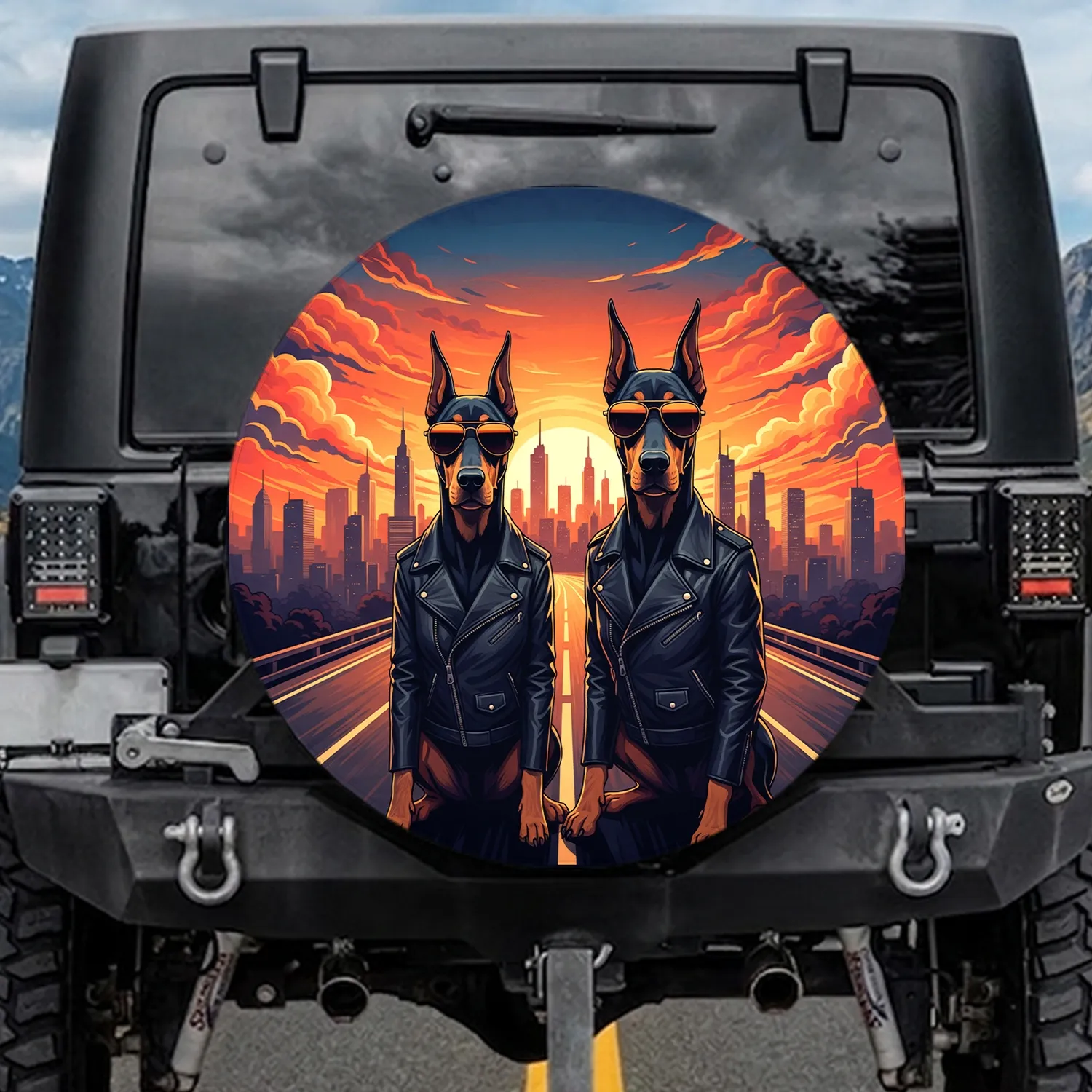 Doberman Aviator Dogs City Sunset Highway - Travel Essentials Dog Lover Gift Spare Tire Cover - 1