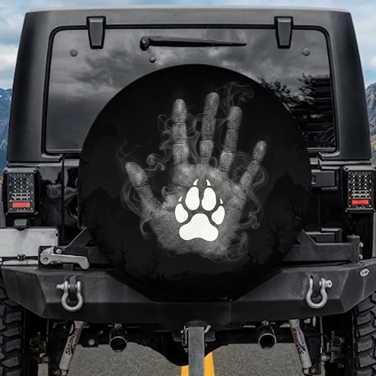 Realistic Hand Paw Print Subtle Smoke Rugged Landscape - Wildlife Lover Gift Spare Tire Cover - 1
