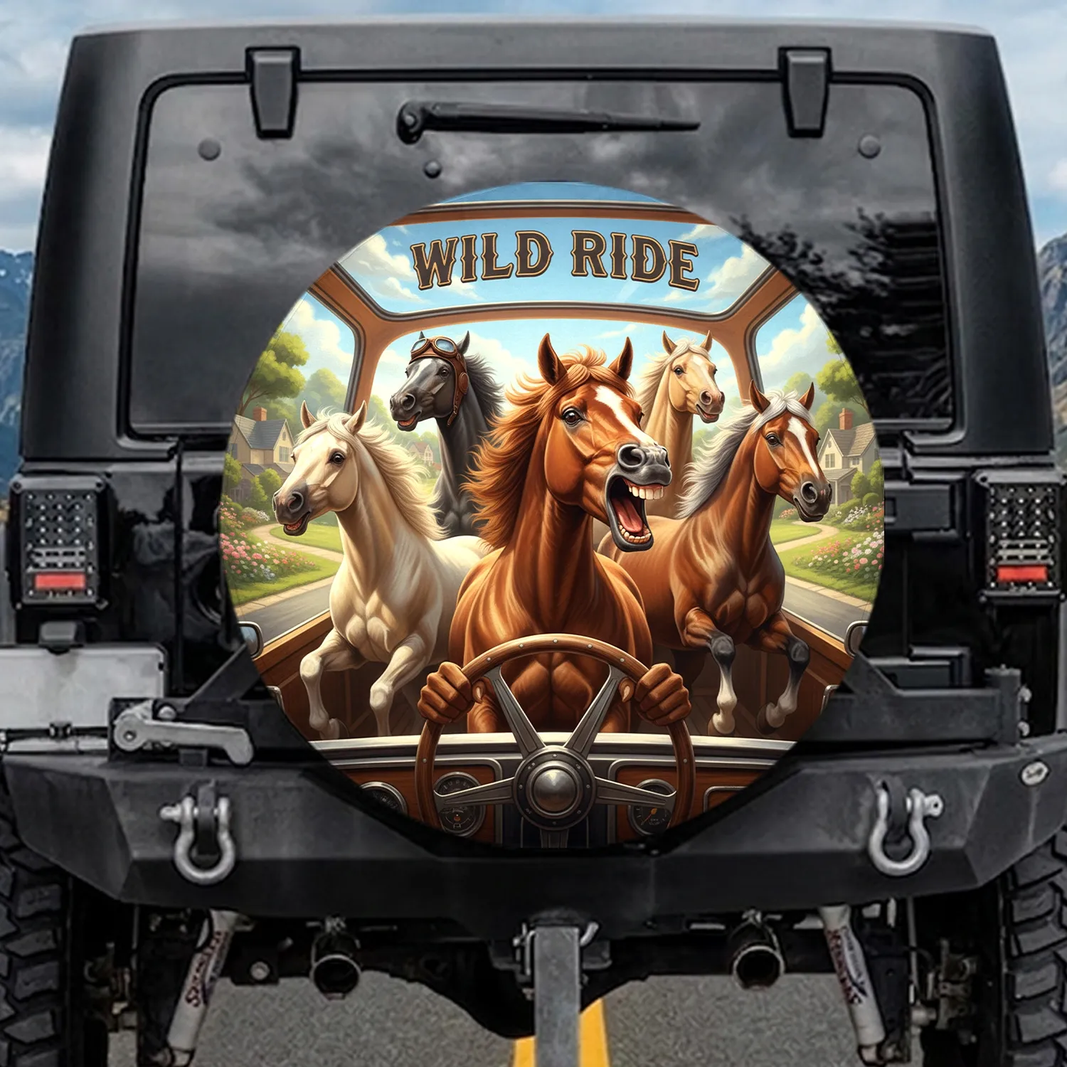 Group of Five Majestic Horses Sunlit Outdoor Landscape - Road Trip Essentials Gift Spare Tire Cover - 1