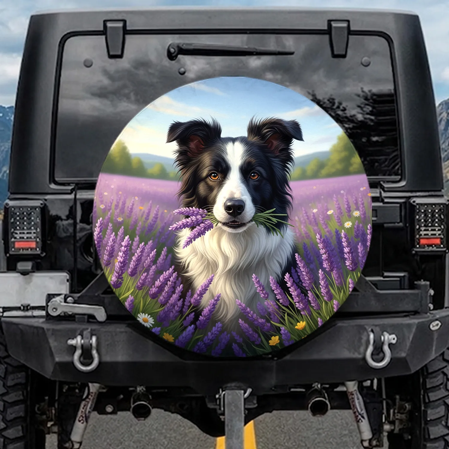 Black White Border Collie Dog Purple Lavender Field Scene - Dog Lover Home Decor Gift Spare Tire Cover - 1