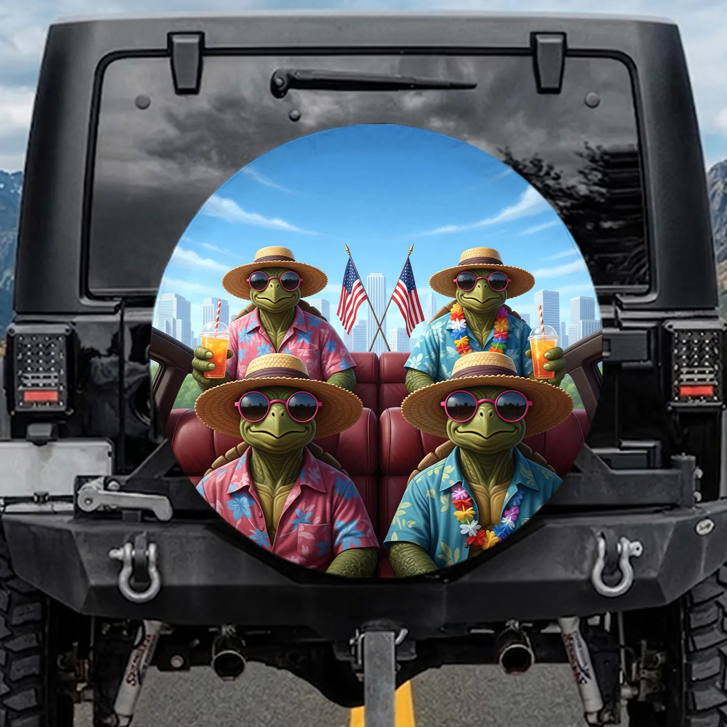 Turtles Hawaiian Shirts Pink Sunglasses American Flags - Summer Road Trip Spare Tire Cover - 1