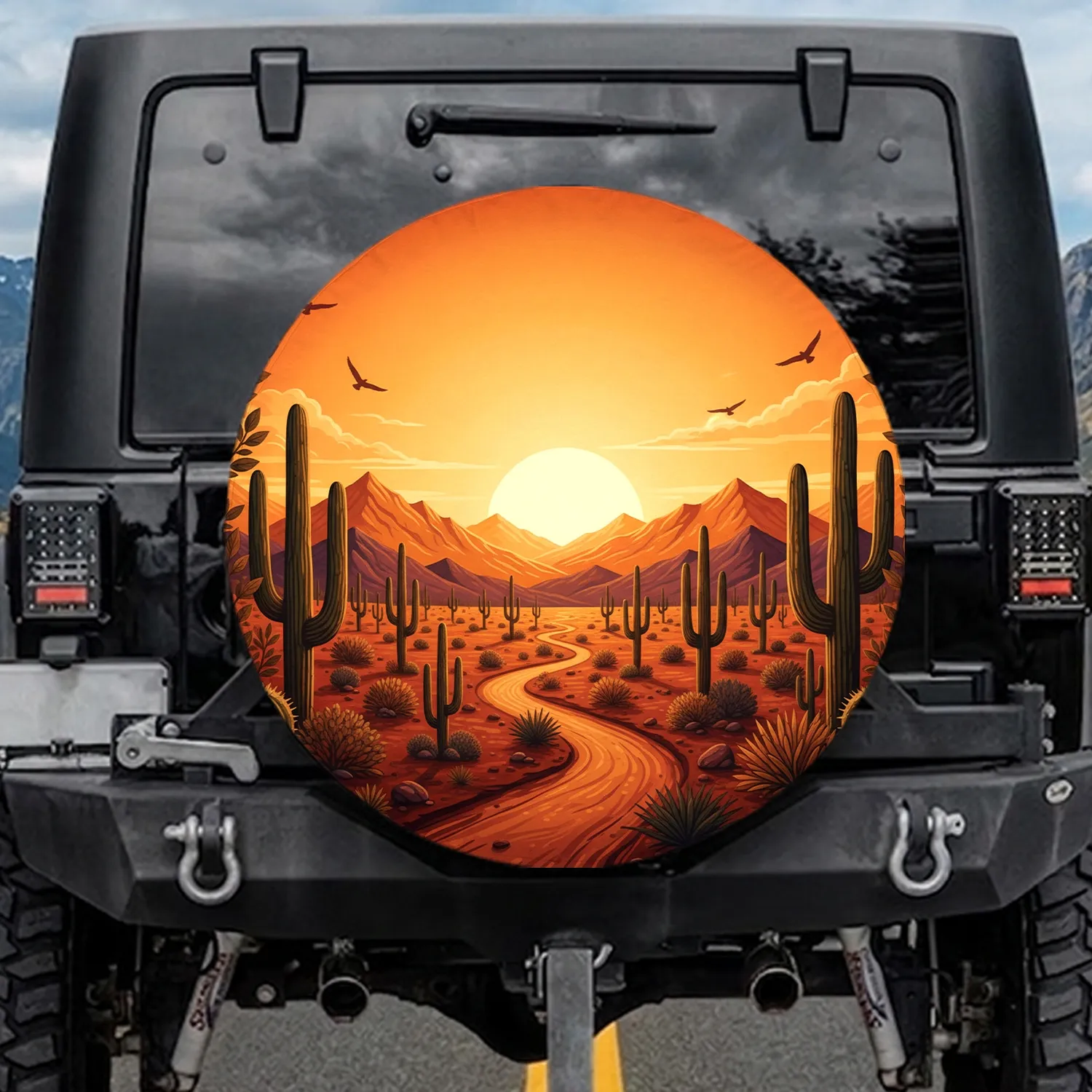 Desert Landscape Sunset Path Saguaro Cacti - Travel Essentials Desert Lover Gift Spare Tire Cover - 1