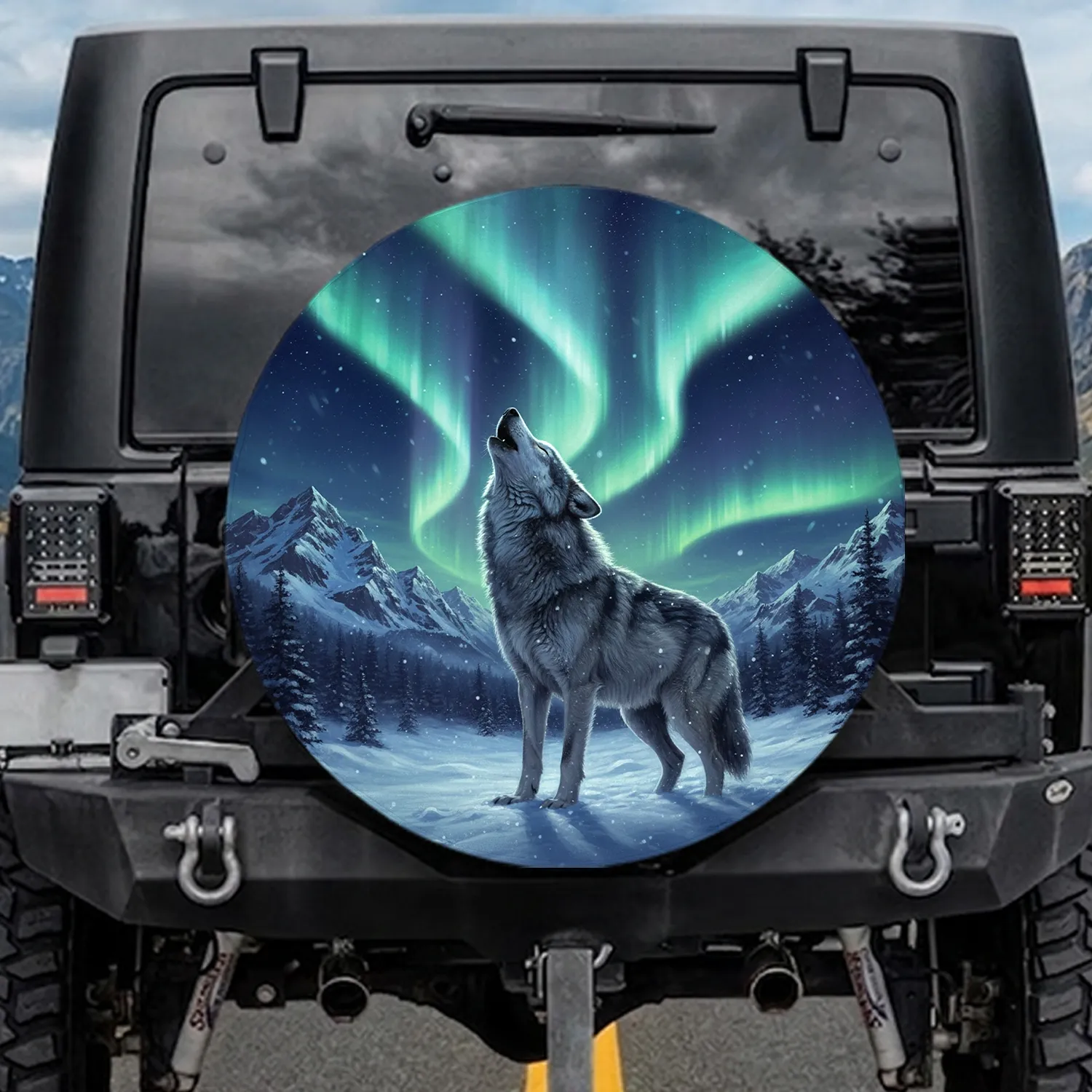 Howling Wolf Aurora Borealis Winter Night - Wildlife Lover Gift Spare Tire Cover - 1