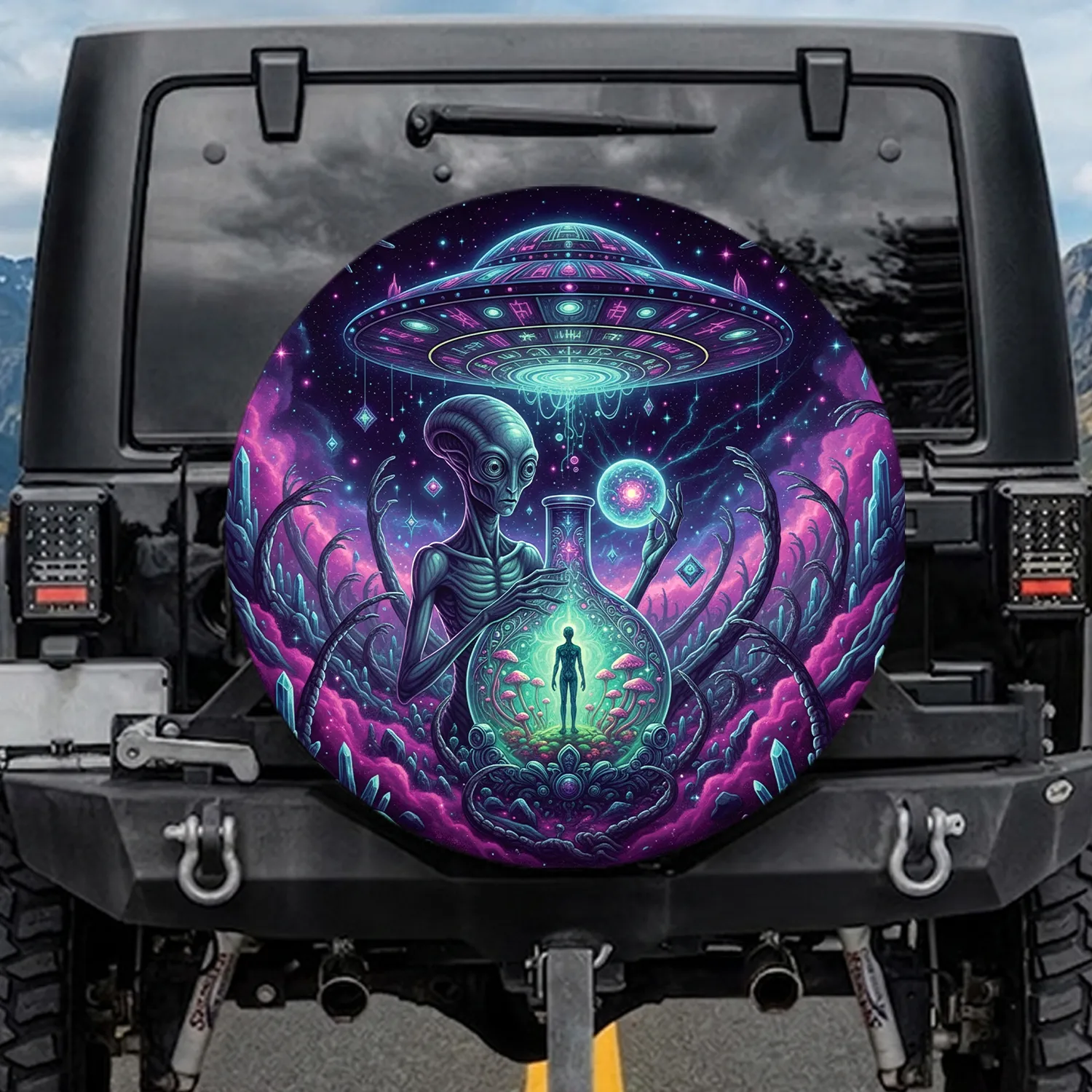 Flying Saucer Alien Creature Lab Flask - Sci-Fi Lover Home Decor Gift Spare Tire Cover - 1