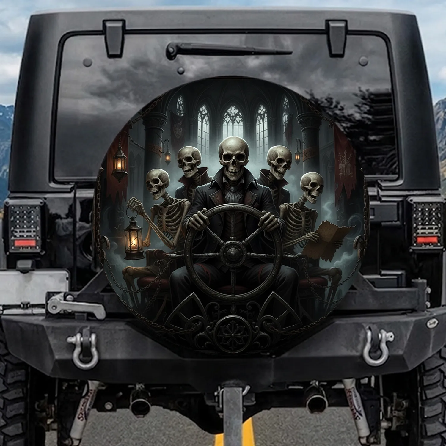 Grinning Skeletons Driving Steering Wheel Ornate Dark Gothic Interior Macabre Decor Gift Spare Tire Cover - 1