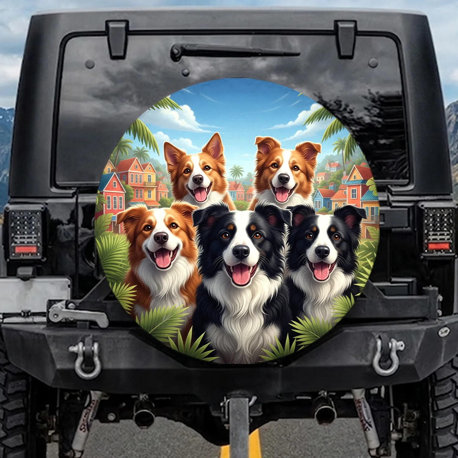 Five Dogs Tropical Village Scene - Travel Essentials Gift for Dog Lovers Spare Tire Cover - 1