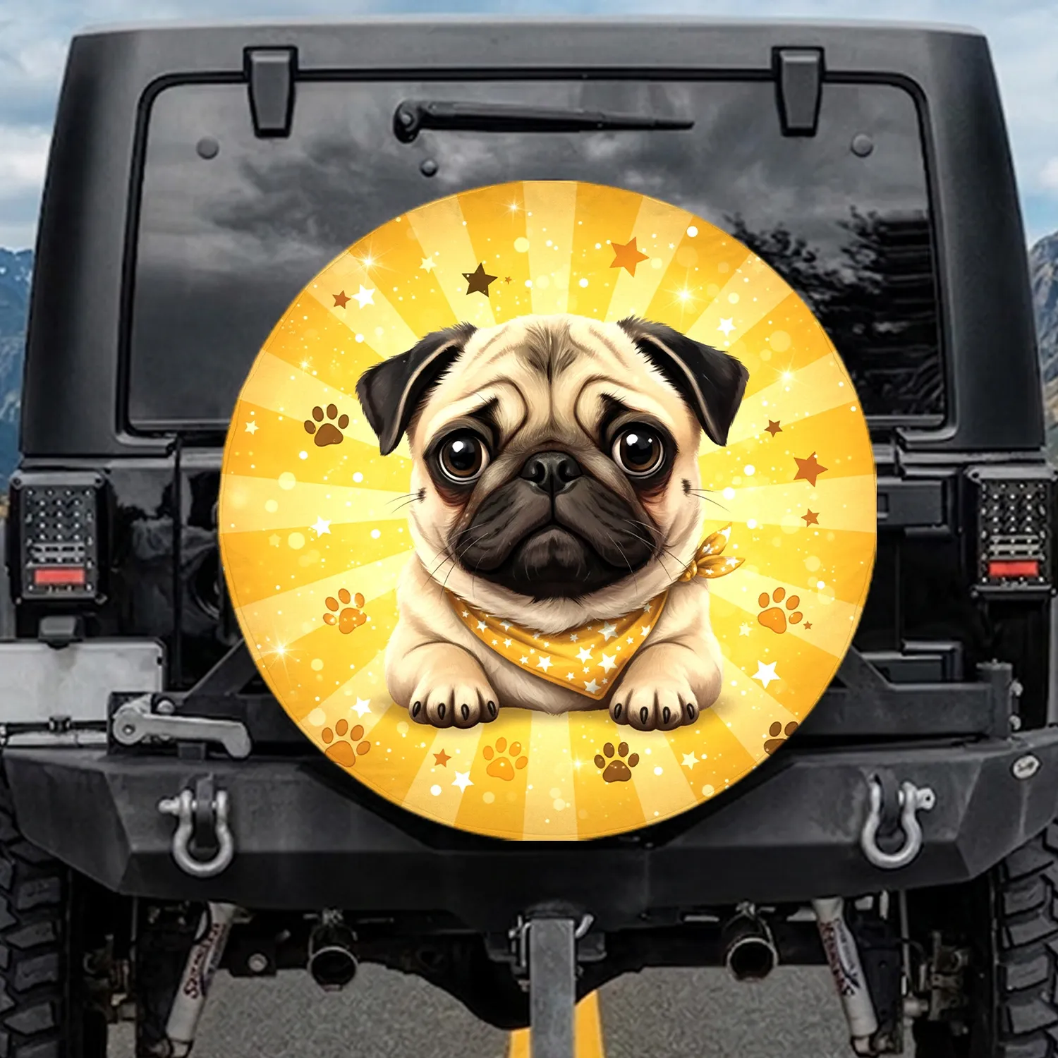 Expressive Pug Dog Sunburst Radiant Paw Prints Stars - Dog Lover Gift Spare Tire Cover - 1