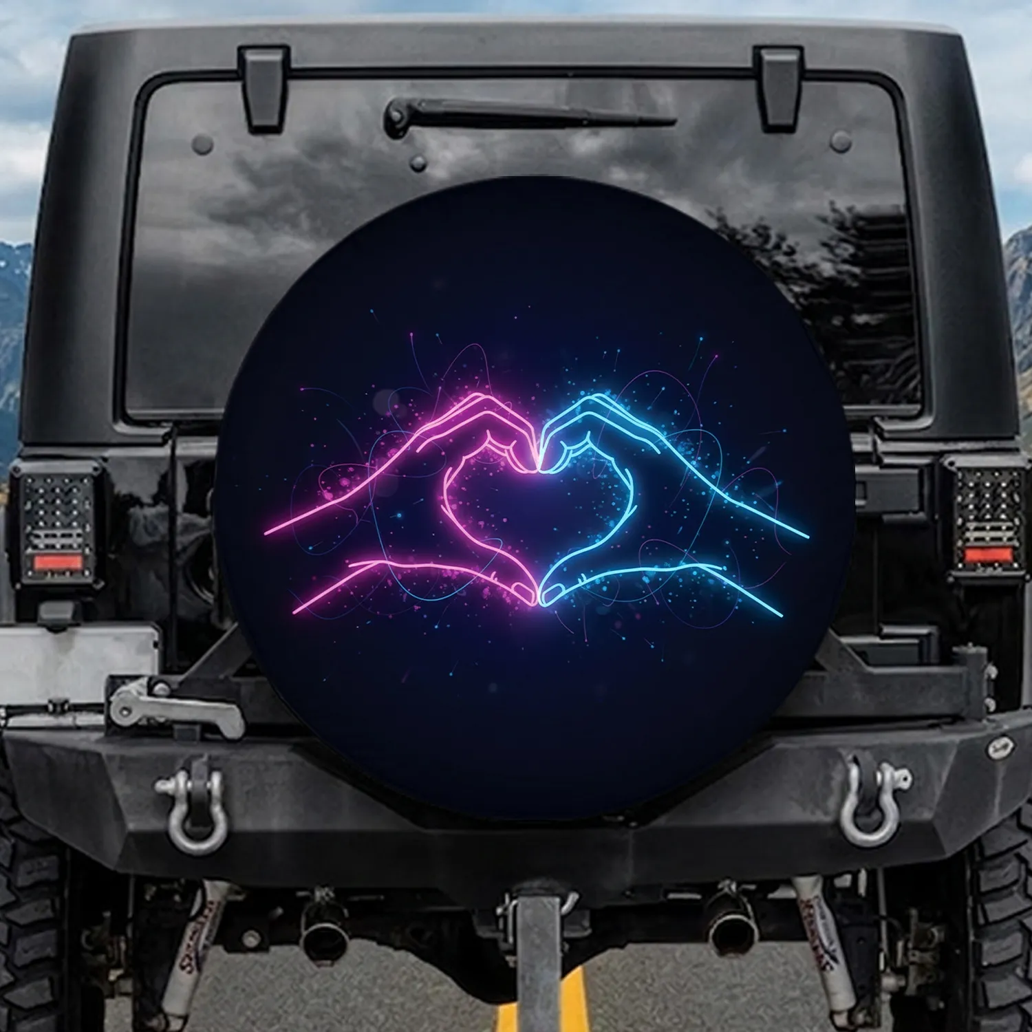 Luminous Neon Lines Heart Hands Energy Streams Glow - Love Symbol Gift for Couples Spare Tire Cover - 1