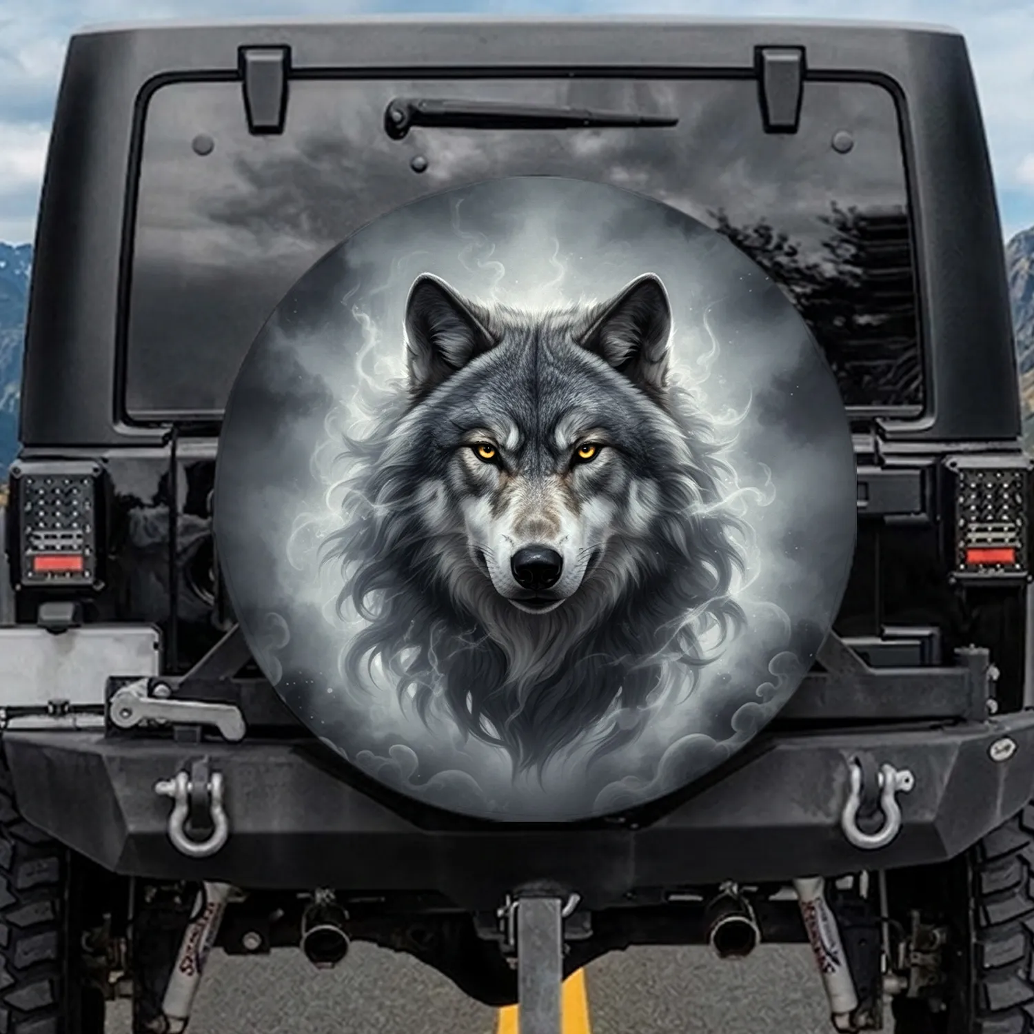 Majestic Grey Wolf Head Golden Eyes Swirling Smoke - Wildlife & Outdoor Lover Gift Spare Tire Cover - 1