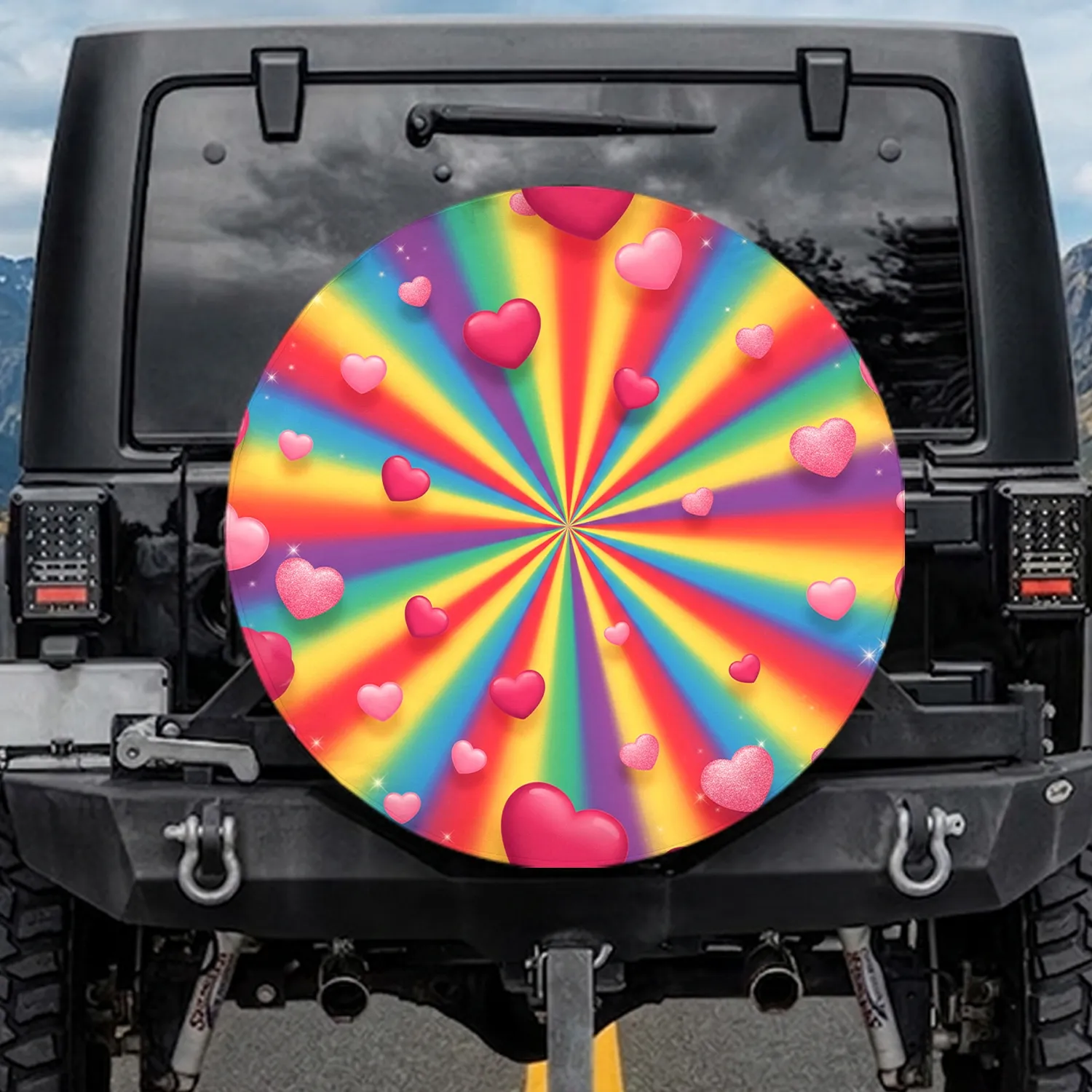 Full Spectrum Radial Rainbow Burst Scattered Pink Red Hearts - Everyday Home Decor Gift Spare Tire Cover - 1