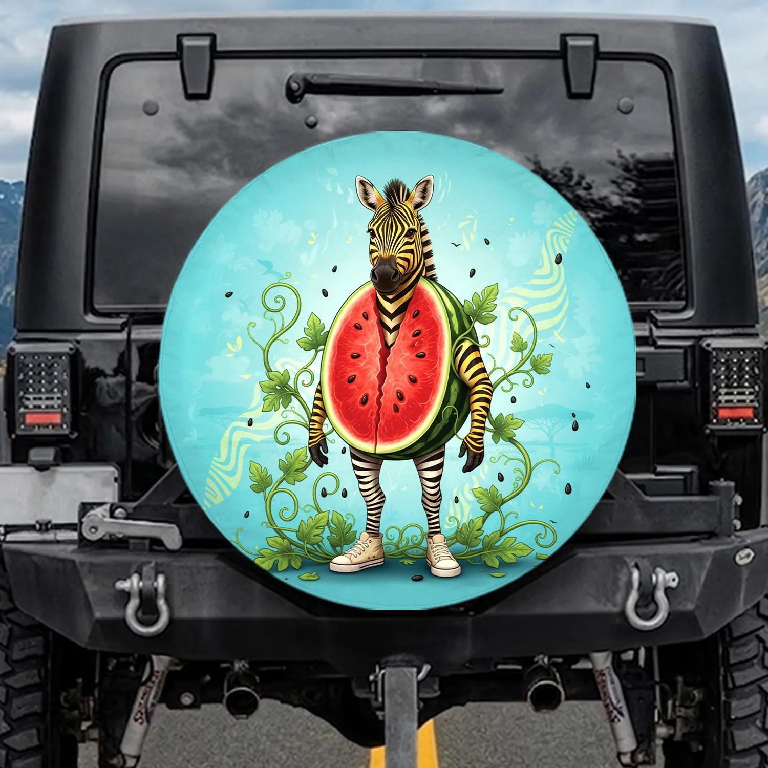 Watermelon Zebra Character with Sneakers, Leaves, and Vines - Outdoor Lifestyle Gift Spare Tire Cover - 1