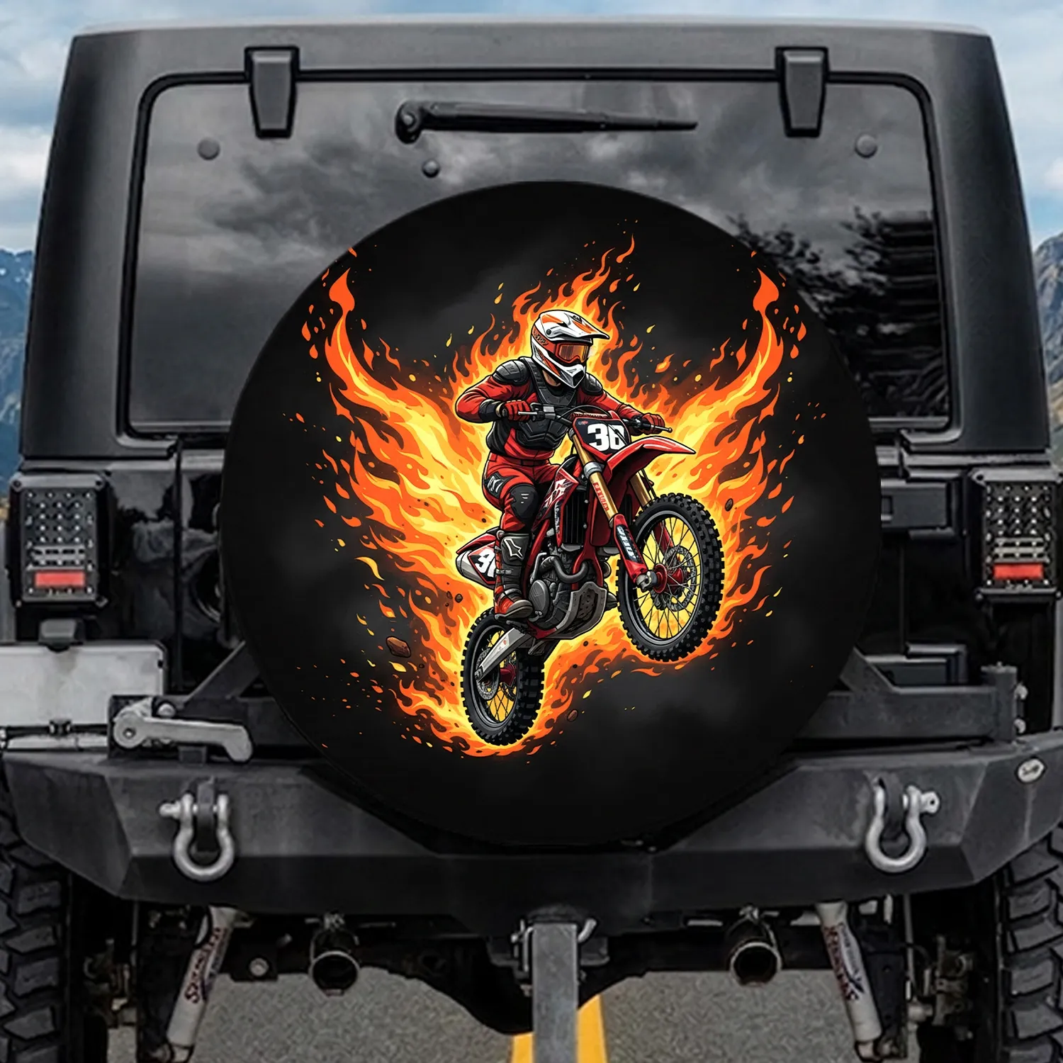 Motocross Rider Fiery Jump Flames - Off-Road Adventure Gift for Dirt Bike Rider Spare Tire Cover - 1