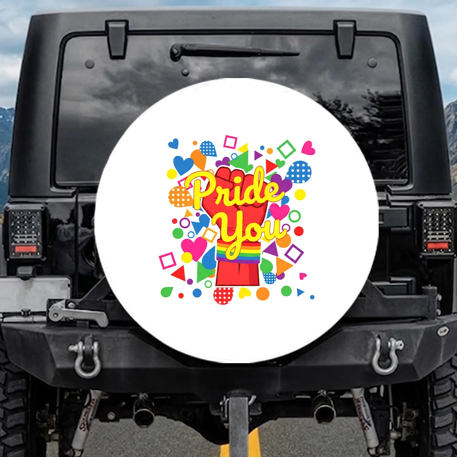 Red Clenched Fist Rainbow Pride Flag 'Pride You' Text - LGBTQ+ Celebration Gift Spare Tire Cover - 1