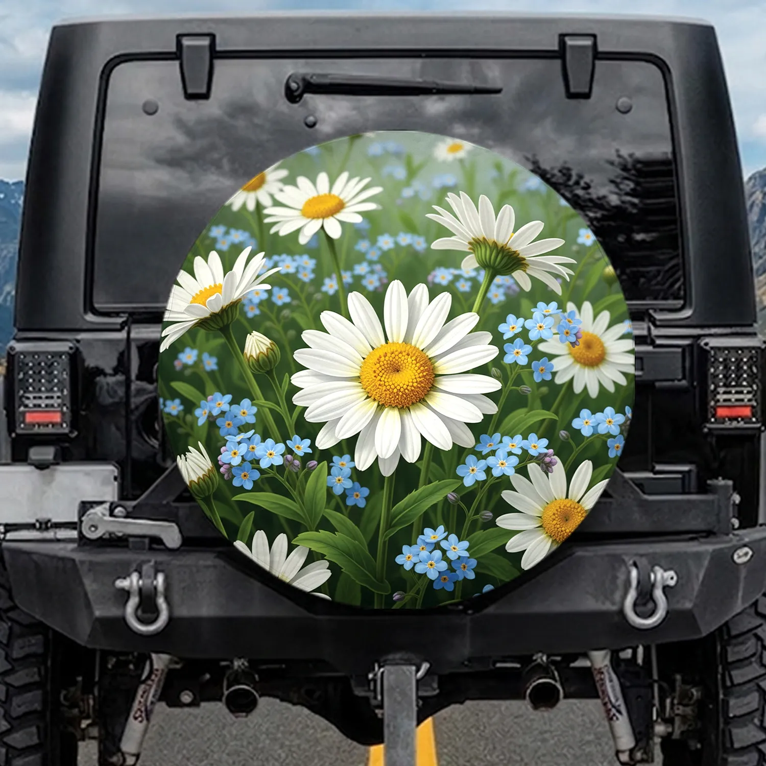 White Daisy Forget-Me-Not Flowers - Nature Lover Home Decor Gift Spare Tire Cover - 1