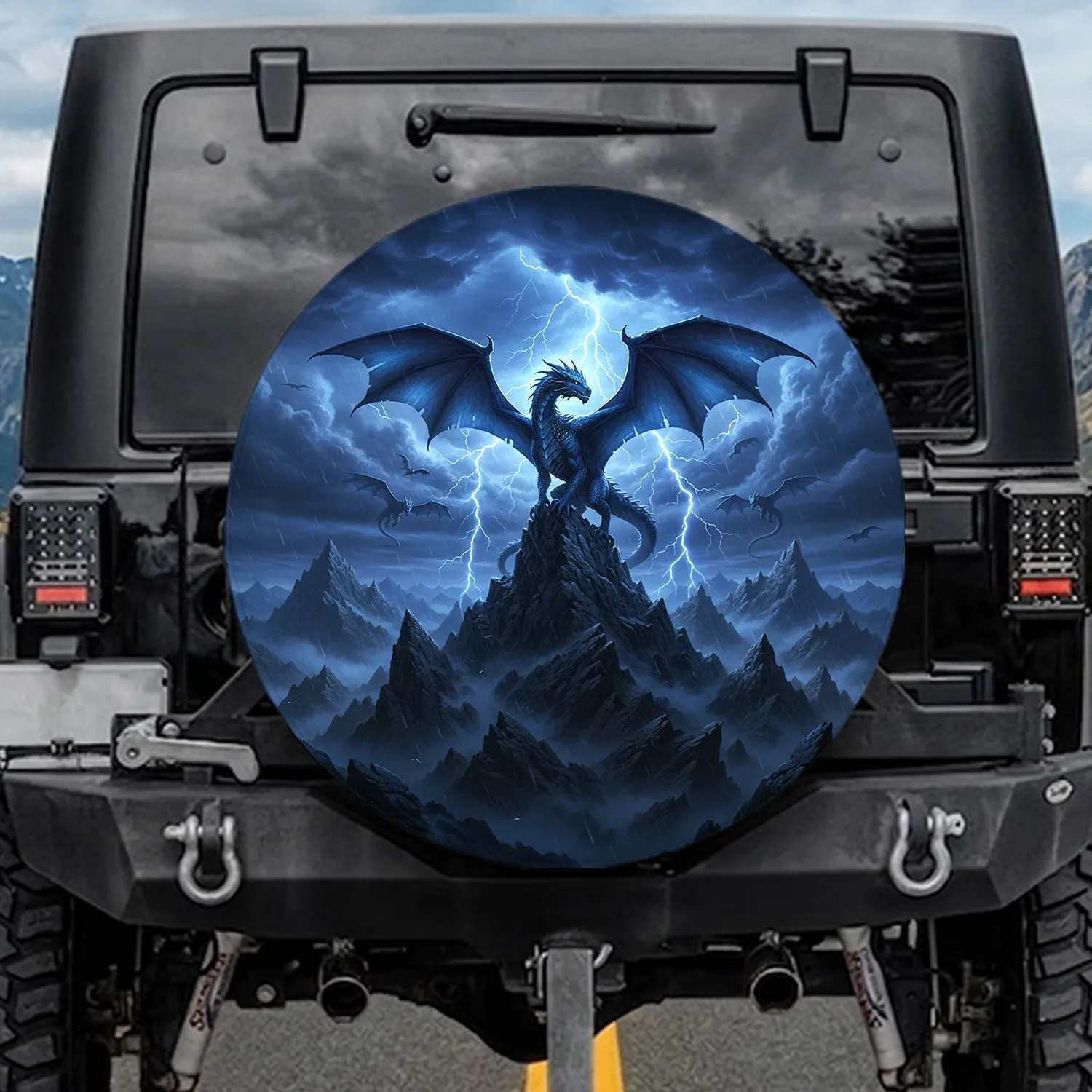 Powerful Blue Dragon Mountain Peak Lightning Sky - Fantasy Fan Gift Spare Tire Cover - 1