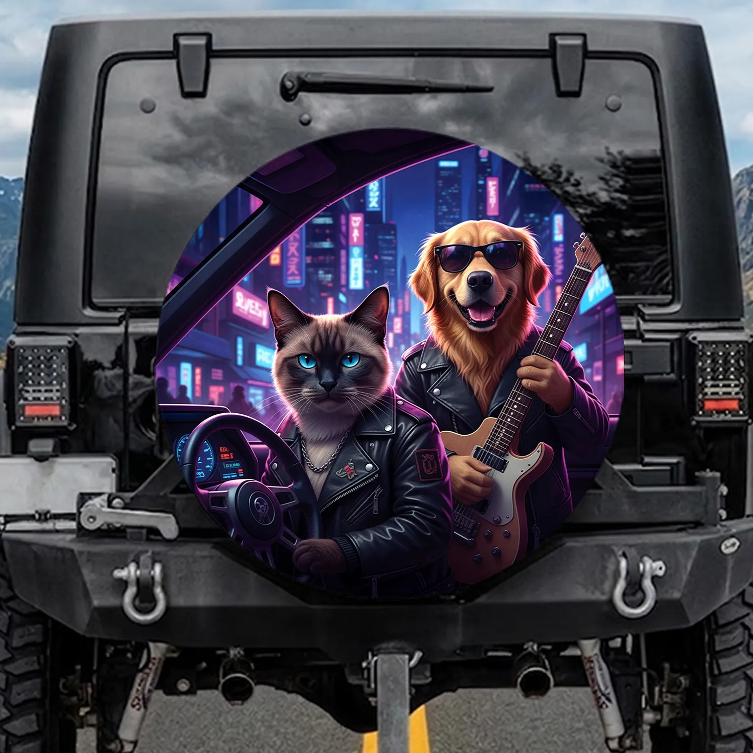 Siamese Cat Golden Retriever Guitar Neon City - Urban Road Trip Gift Spare Tire Cover - 1