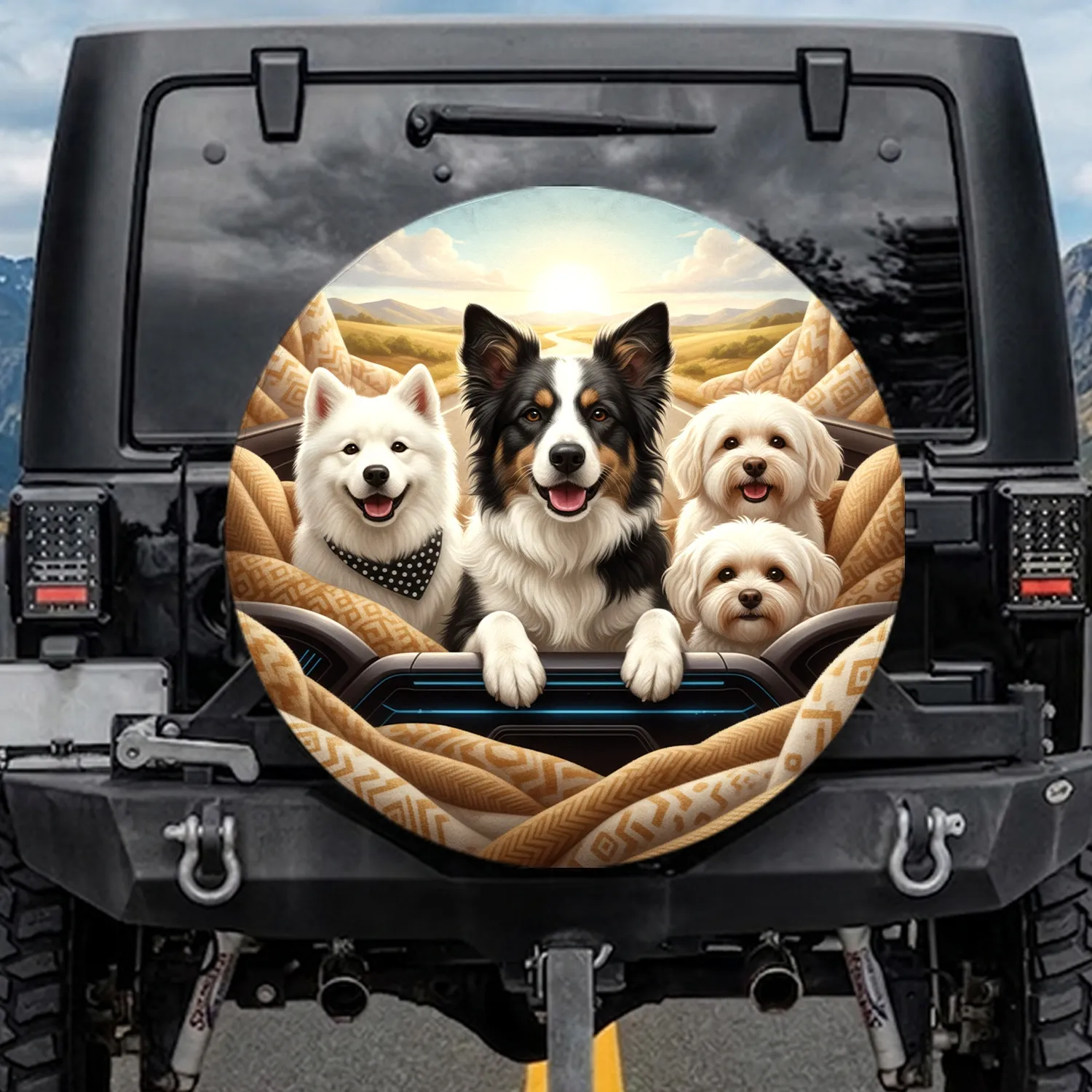Four Fluffy Dogs Black White Dog - Adventure Lover Gift for Dog Owners Spare Tire Cover - 1