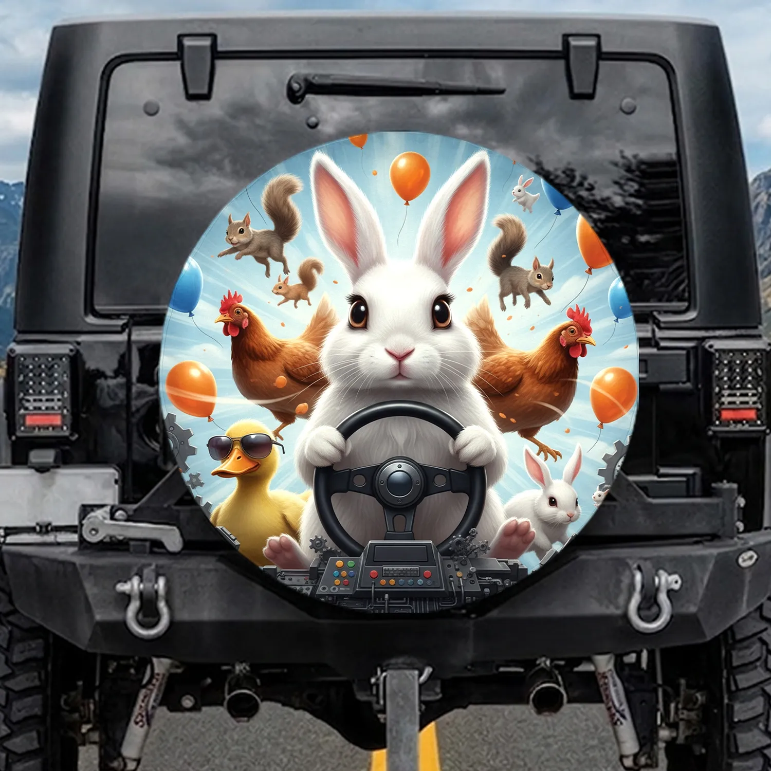 White Rabbit Steering Wheel Duck Chickens Flying Animals - Adventure Lover Gift Spare Tire Cover - 1