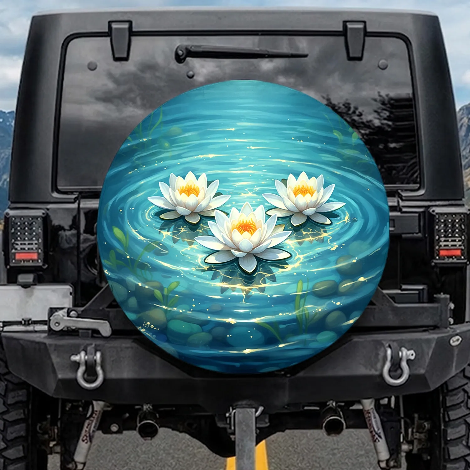 White Water Lilies Rippling Water Surface - Nature Inspired Vehicle Decor Spare Tire Cover - 1