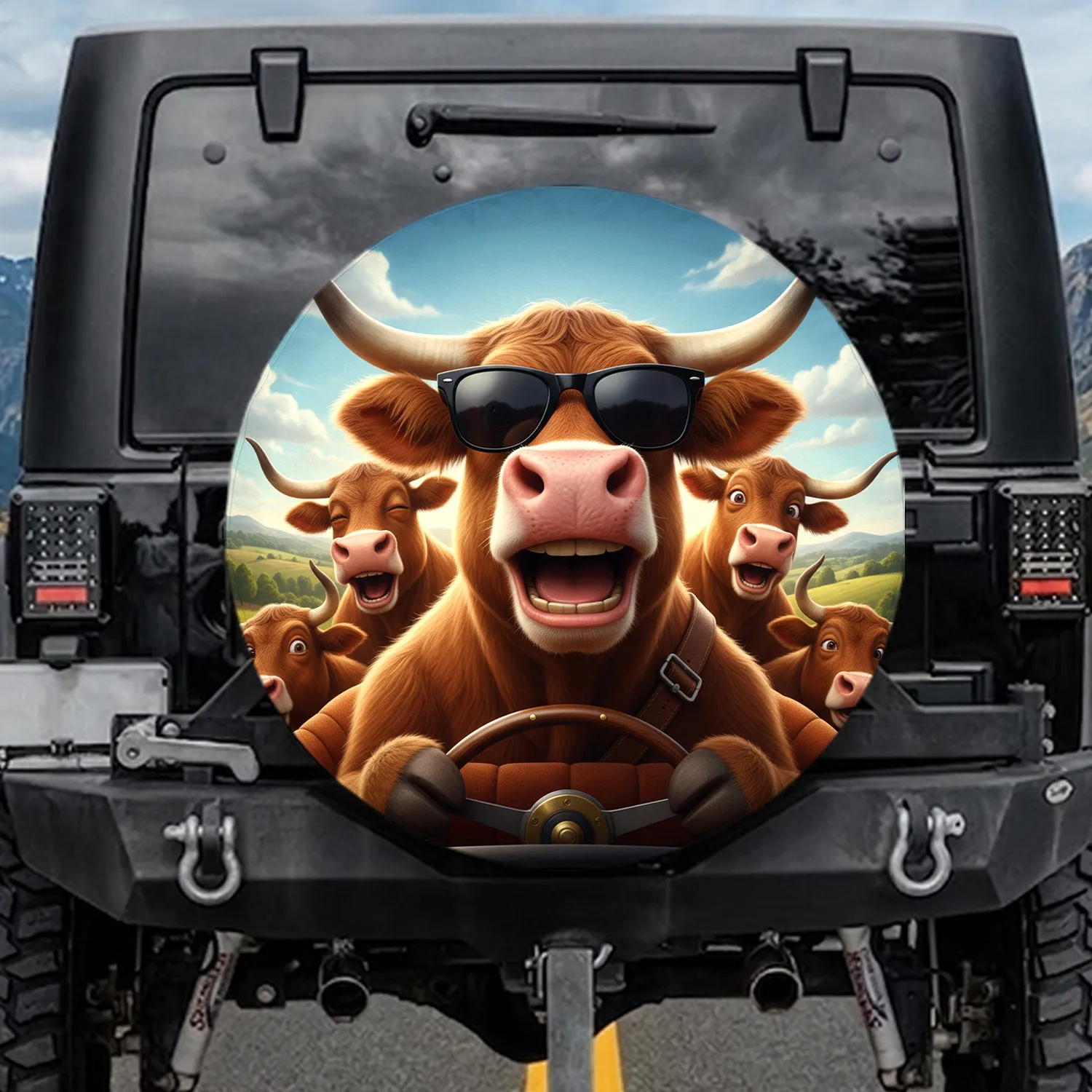 Grinning Cows in Sunglasses Adventure Road Trip - Cow Lover Gift Spare Tire Cover - 1
