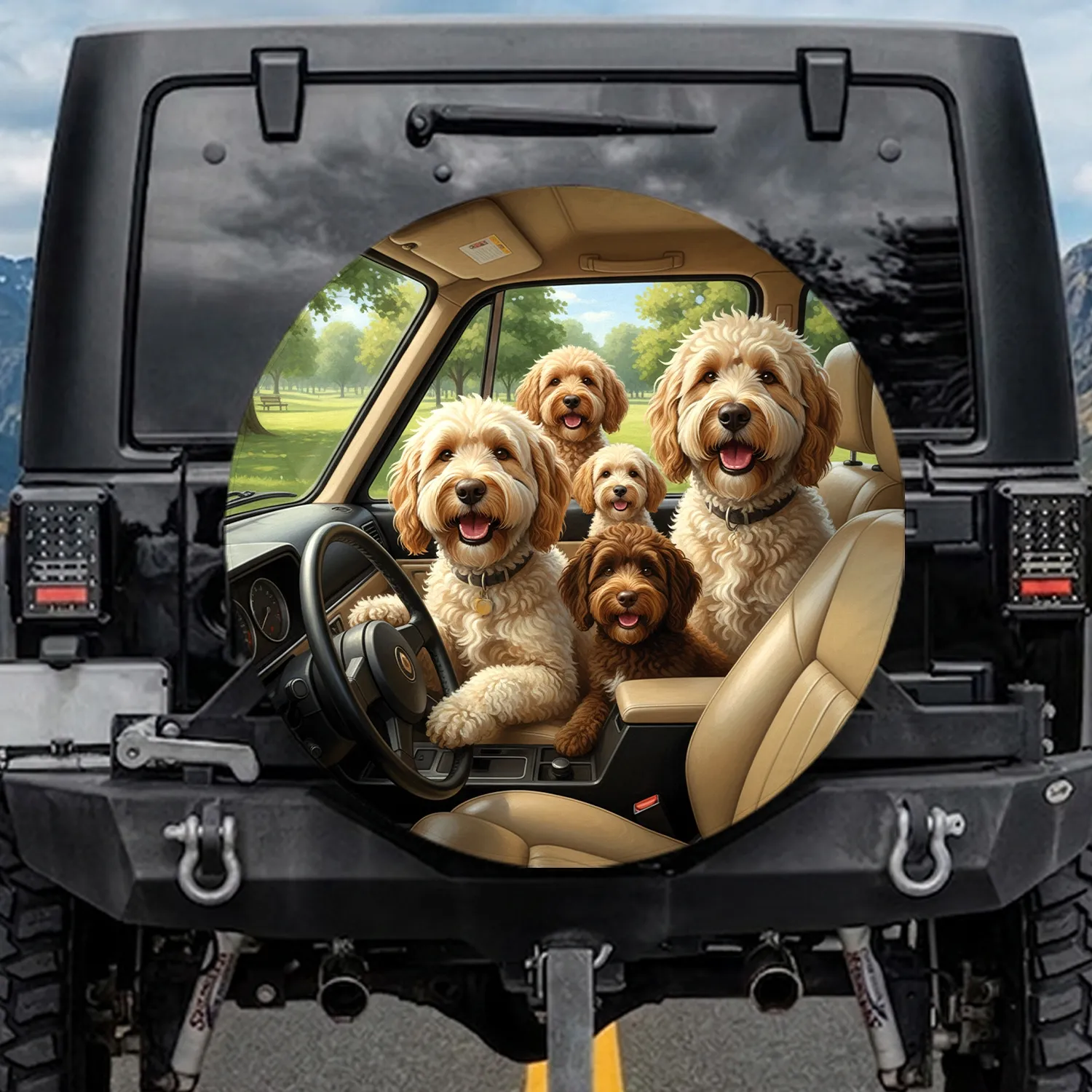 Five Goldendoodle Dogs Driving Car Interior Lush Green Park Scenery - Dog Lover Gift Spare Tire Cover - 1