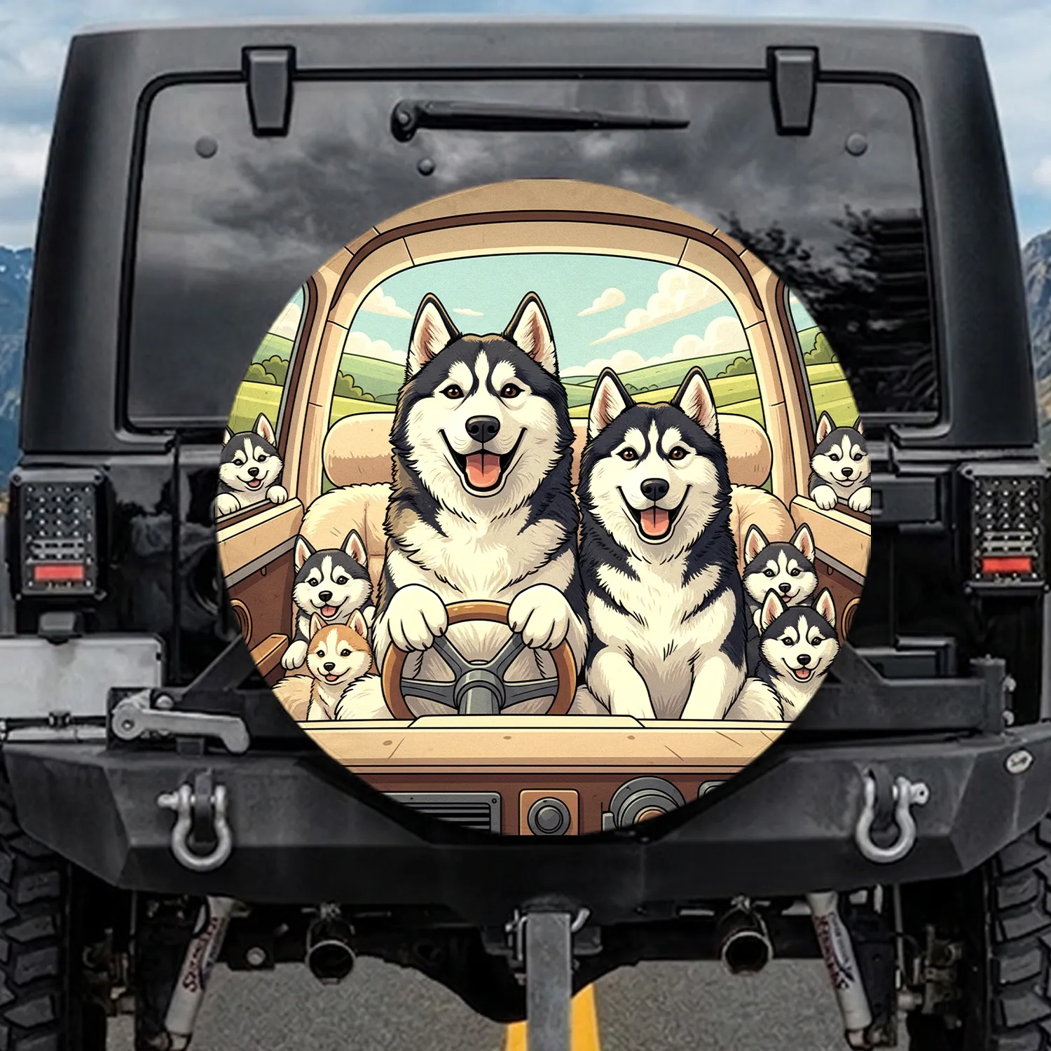 Happy Siberian Husky Dogs Road Trip - Dog Lover Vehicle Gift Spare Tire Cover - 1