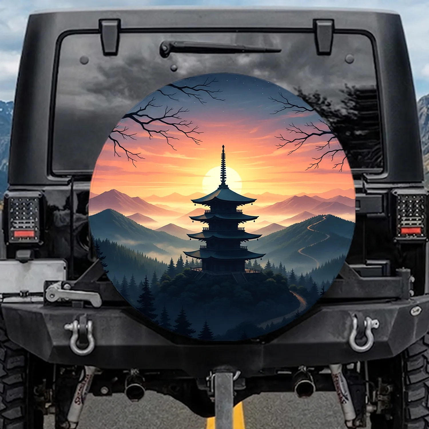 Japanese Pagoda Misty Mountain Forest Sunset Landscape - Home Decor Gift for Traveler Spare Tire Cover - 1