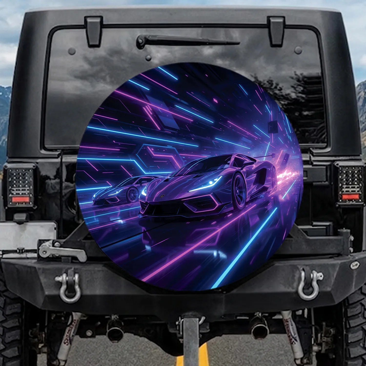 Futuristic Sports Car Race Cyber Track - High-Speed Auto Enthusiast Gift Spare Tire Cover - 1