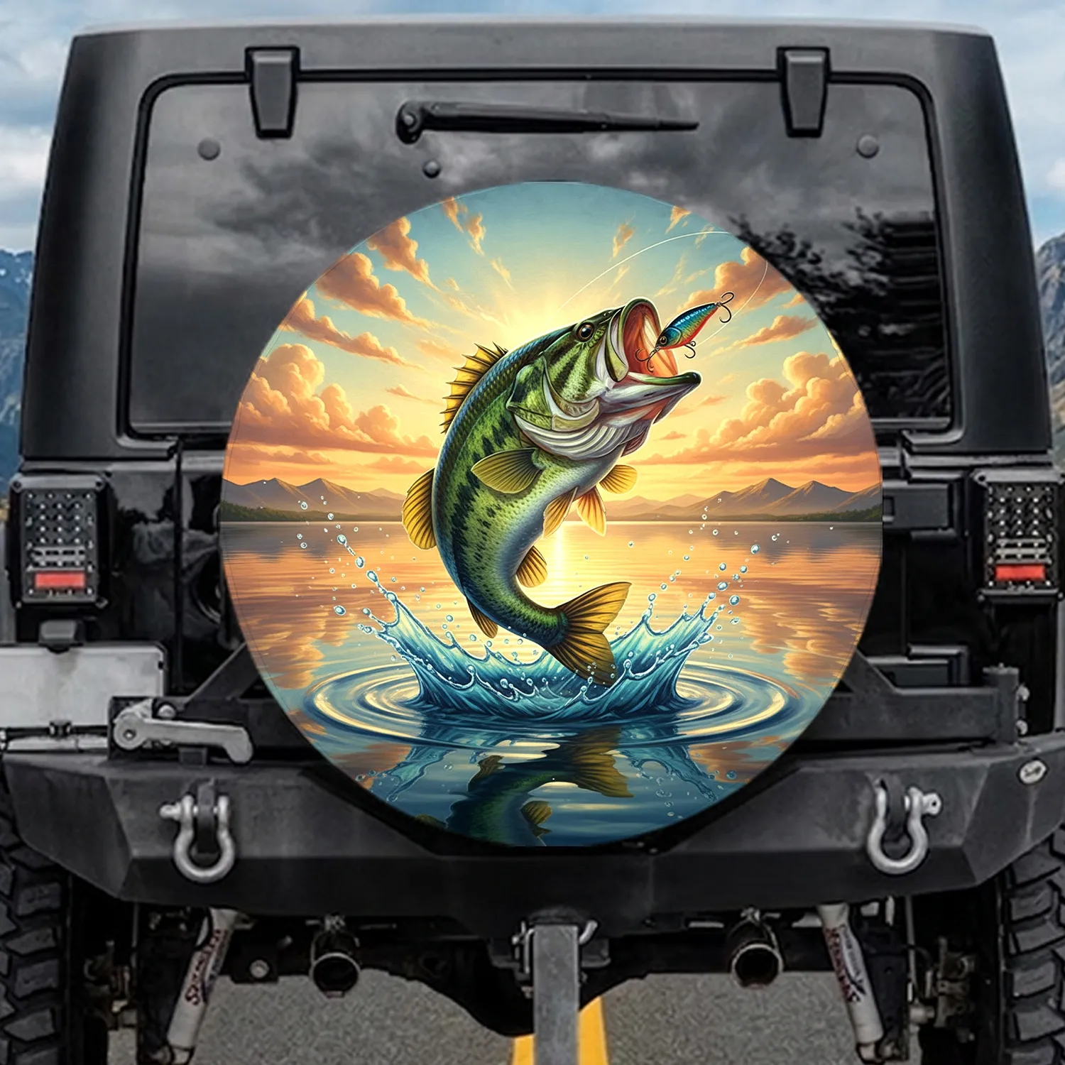 Largemouth Bass Leaping Lure Golden Hour Lake - Fishing Enthusiast Gift Spare Tire Cover - 1