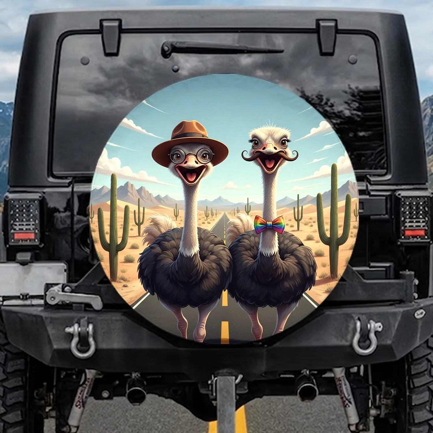 Excited Ostriches Desert Road Trip - Travel Essentials Gift for Ostrich Lovers Spare Tire Cover - 1